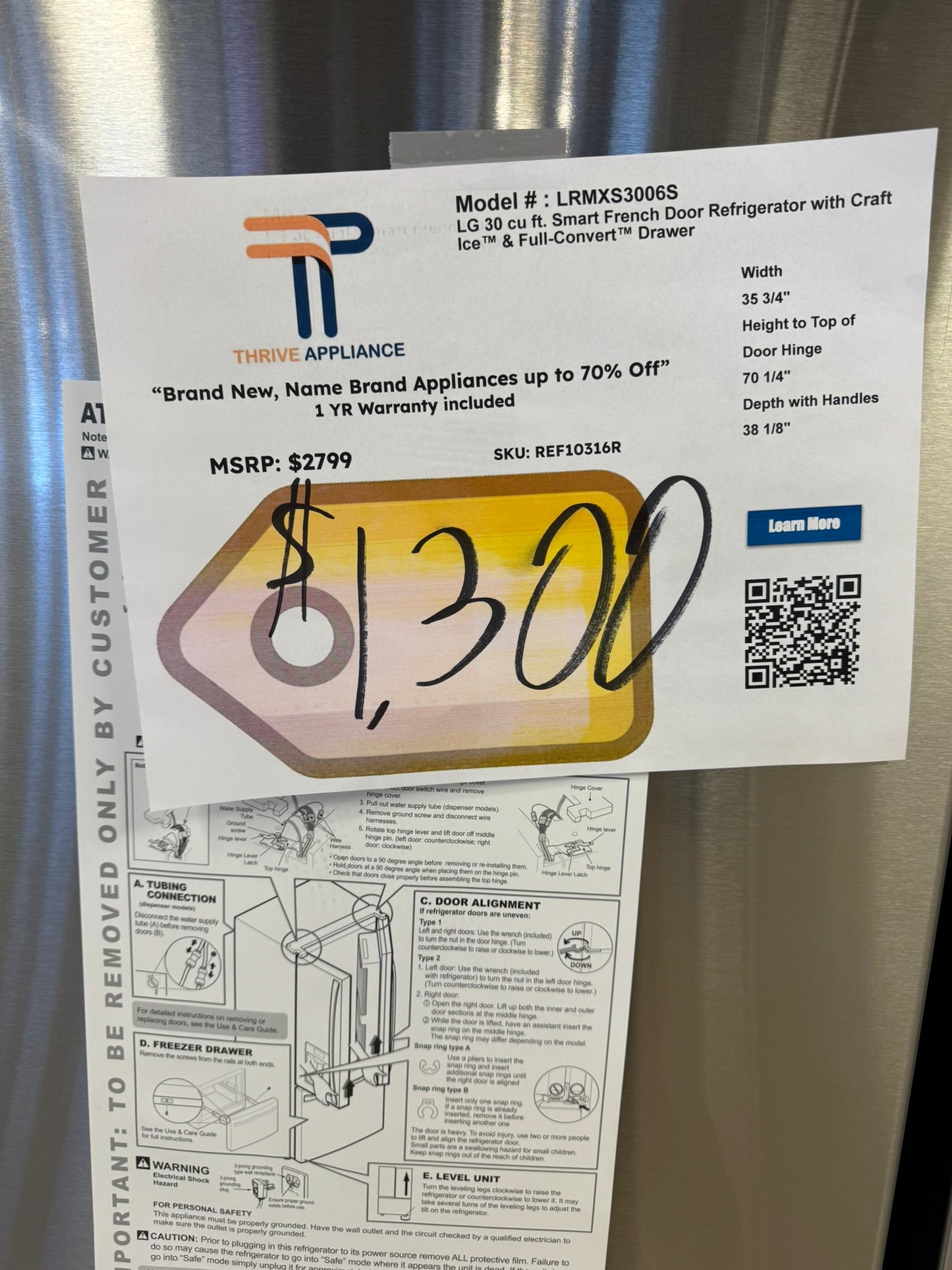 LG Smart French Door Refrigerator with Craft Ice MODEL: LRMXS3006S REF10316R