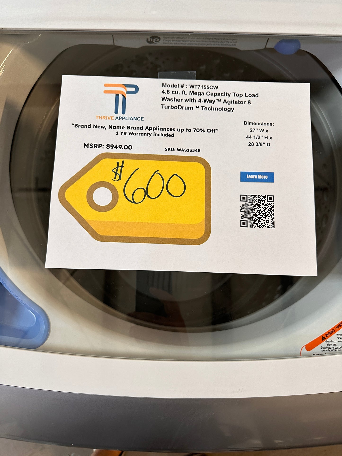 NEW TOP LOAD WASHER WITH 4-WAY AGITATOR MODEL: WT7155CW WAS13548