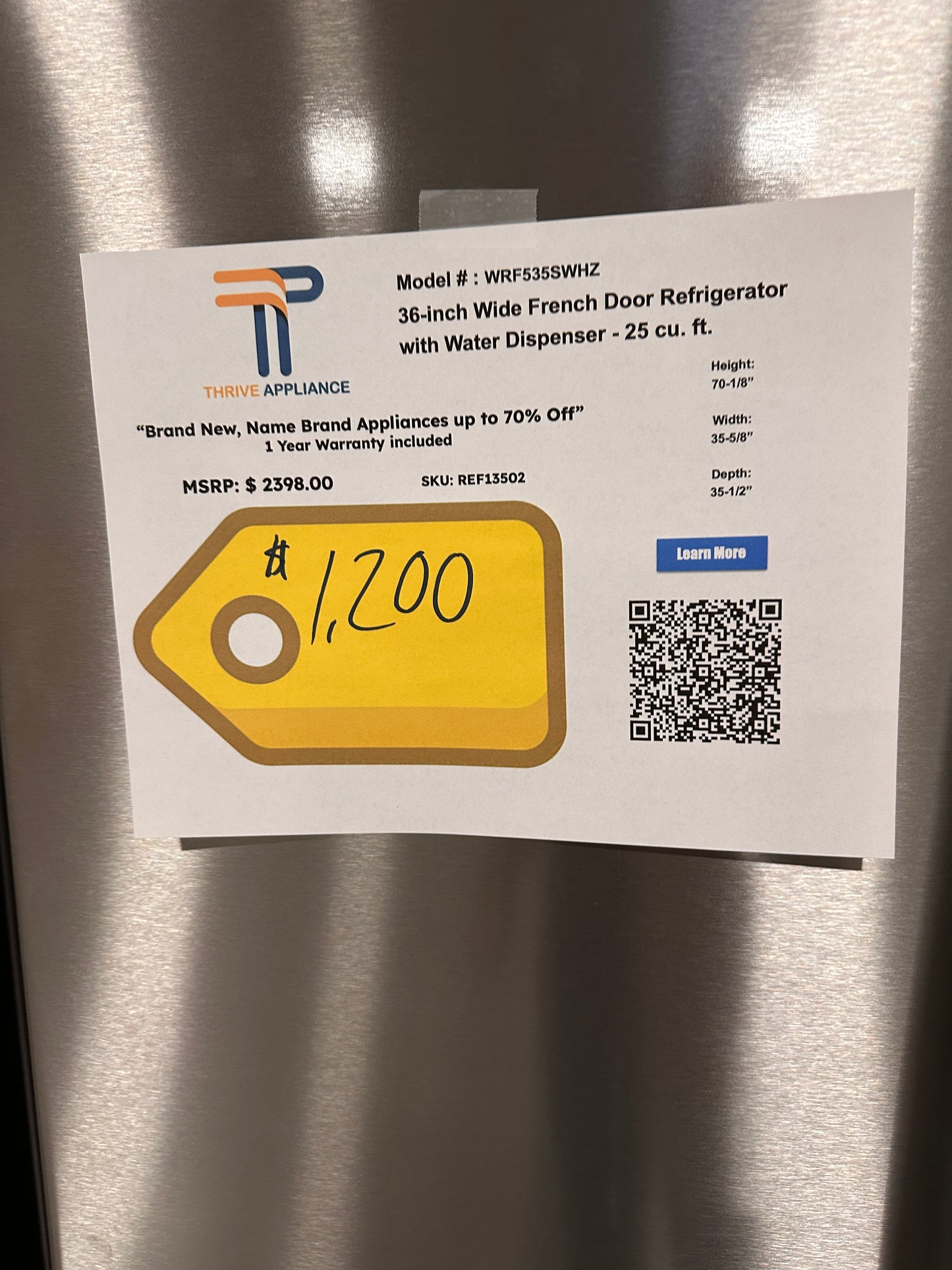 NEW WHIRLPOOL REFRIGERATOR with INTERNAL WATER DISPENSER MODEL: WRF535SWHZ REF13502