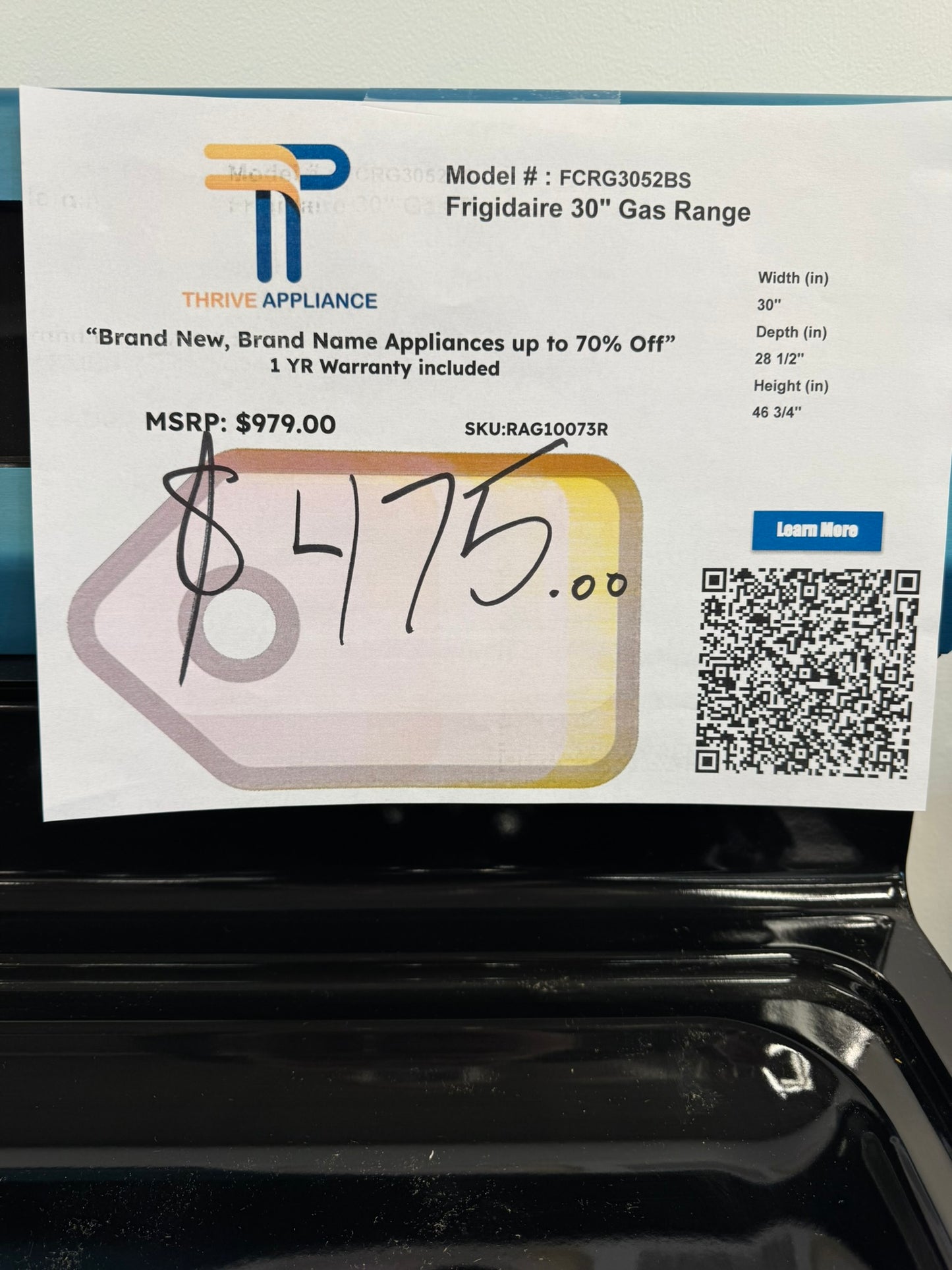 GREAT NEW GAS RANGE MODEL: FCRG3052BS RAG10073R
