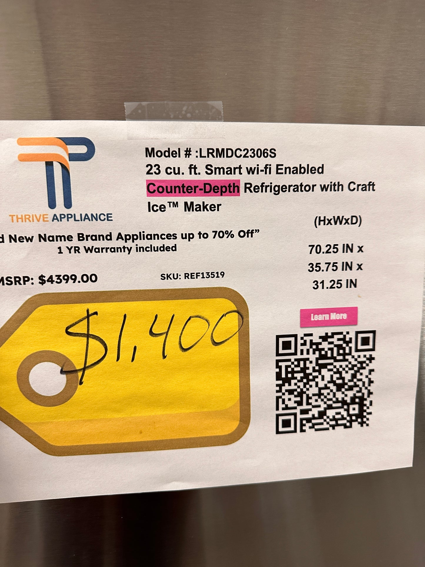 GREAT NEW LG FRENCH DOOR COUNTER DEPTH REFRIGERATOR MODEL: LRMDC2306S REF13519