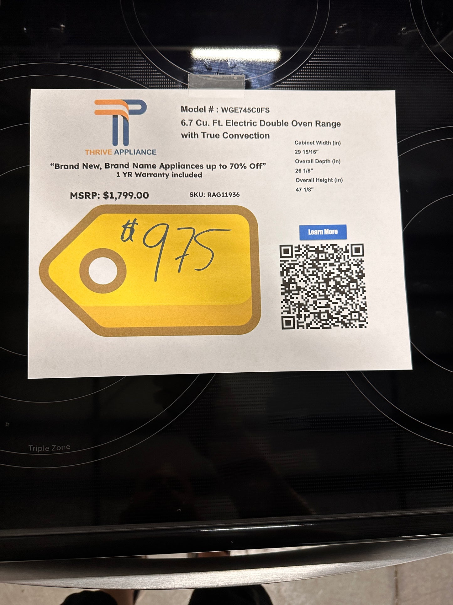 NEW WHIRLPOOL DOUBLE OVEN SELF CLEANING ELECTRIC RANGE MODEL: WGE745C0FS RAG11936