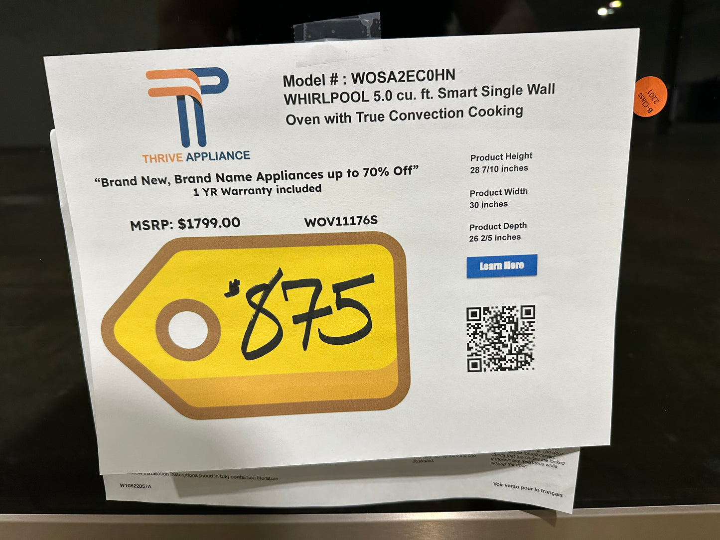 GREAT WHIRLPOOL WALL OVEN with SELF CLEAN - WARRANTY INCLUDED - MODEL: WOSA2EC0HN WOV11176S