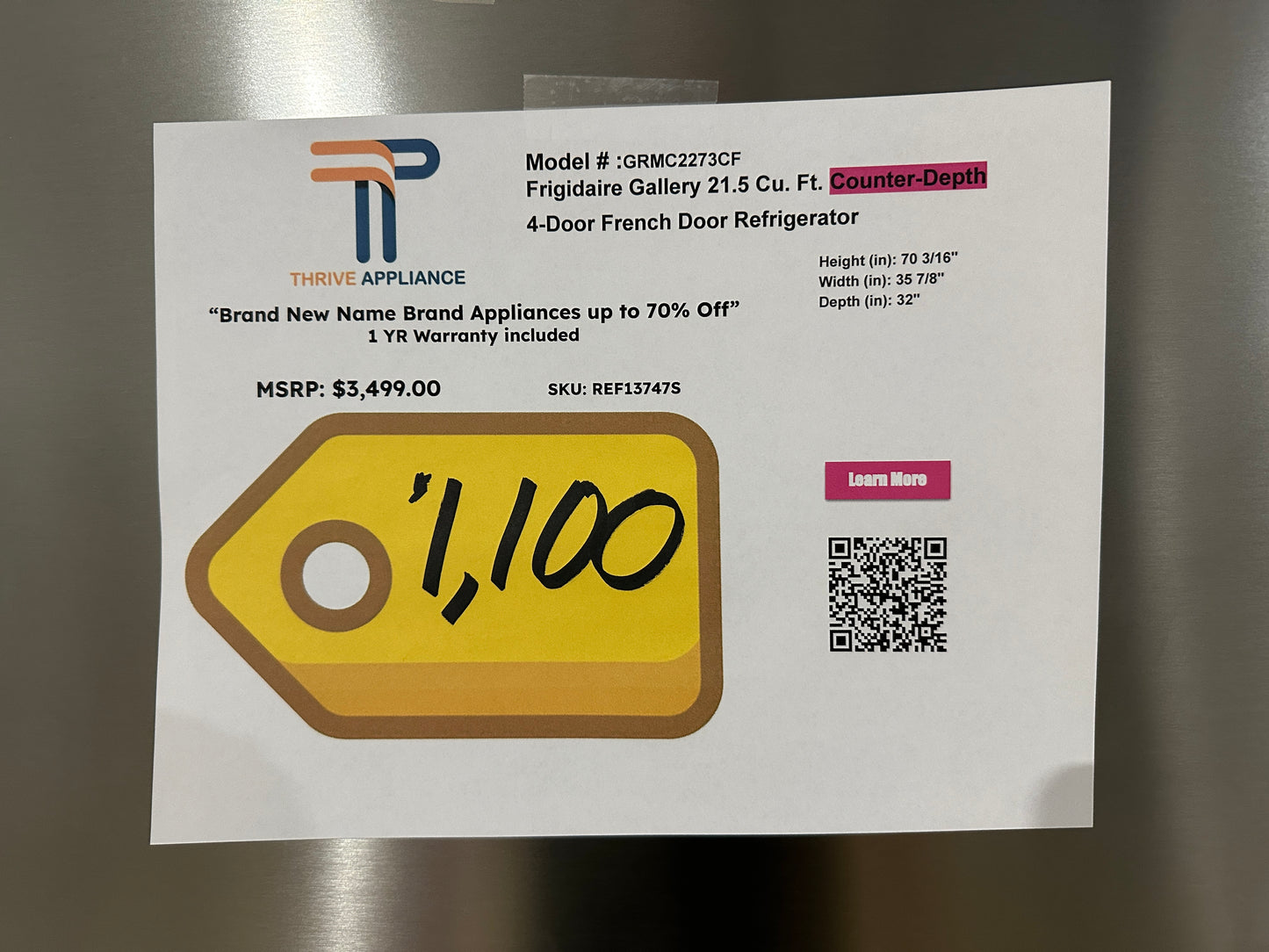 NEW! Frigidaire Gallery 21.5 Cu. Ft. 4-Door French Door Counter-Depth Refrigerator MODEL: GRMC2273CF REF13747S