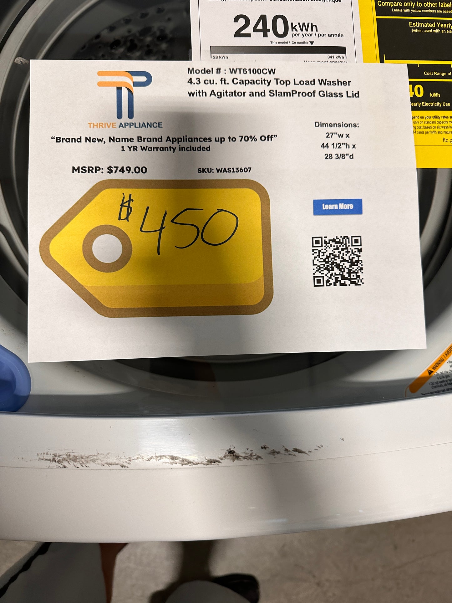 NEW SLAMPROOF GLASS LID TOP LOAD LG WASHER Model: WT6100CW WAS13607