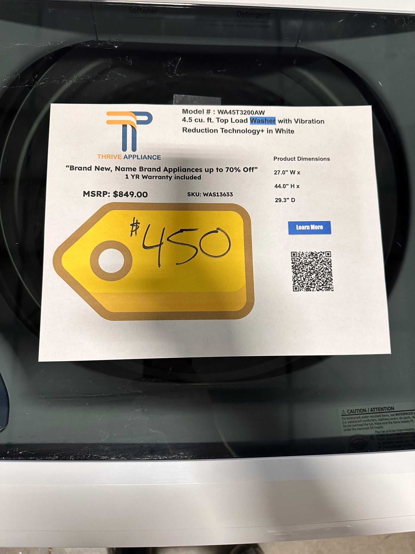 GREAT NEW SAMSUNG TOP LOAD WASHER Model: WA45T3200AW WAS13633