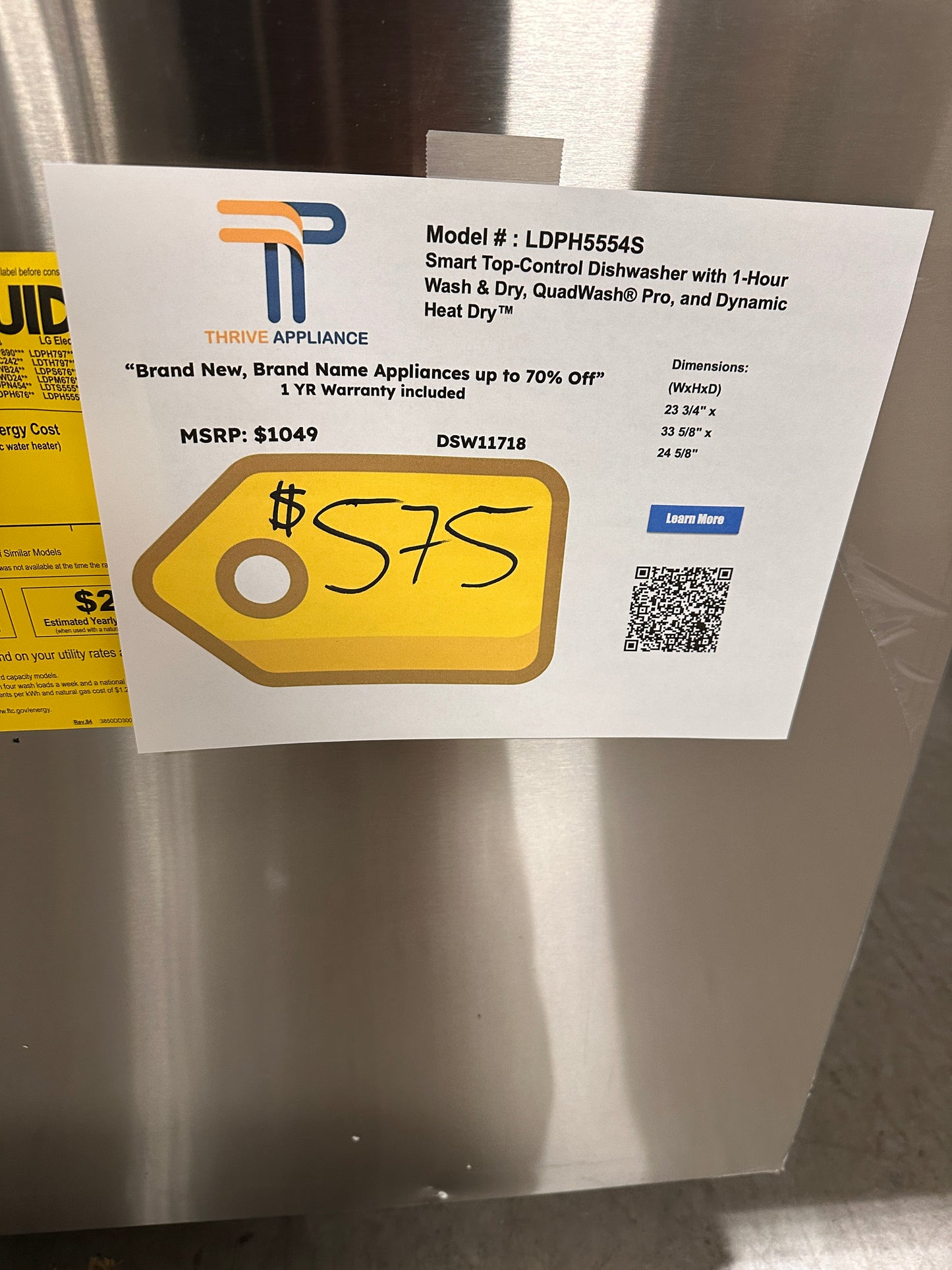 GREAT NEW LG STAINLESS STEEL TUB DISHWASHER Model: LDPH5554S DSW11718