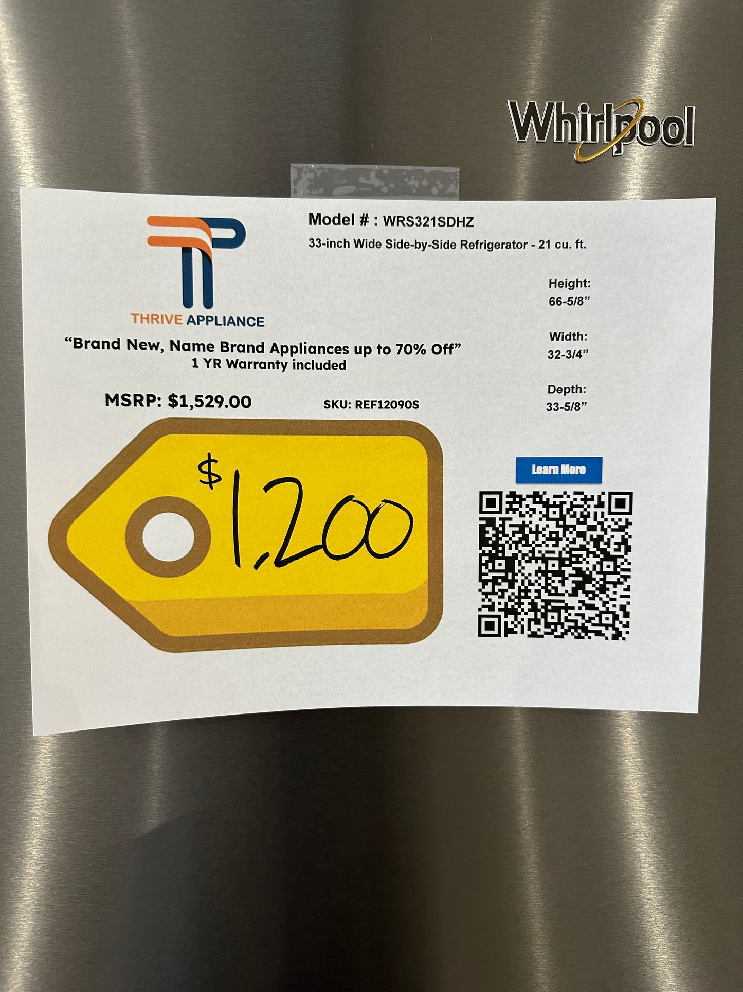 FINGERPRINT RESISTANT WHIRLPOOL 21.4 CU FT REFRIGERATOR - REF12090S WRS321SDHZ