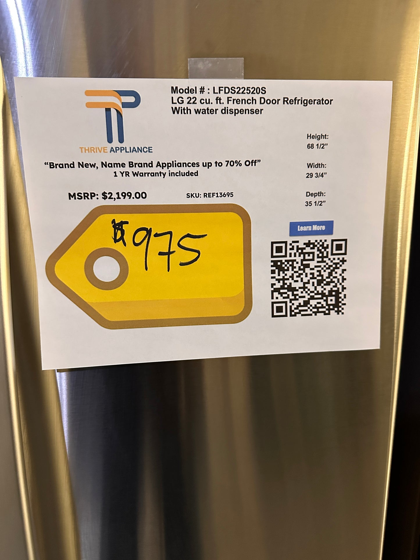 GREAT PRICE! 22 Cu. Ft. French Door Refrigerator LG MODEL: LFDS22520S REF13695