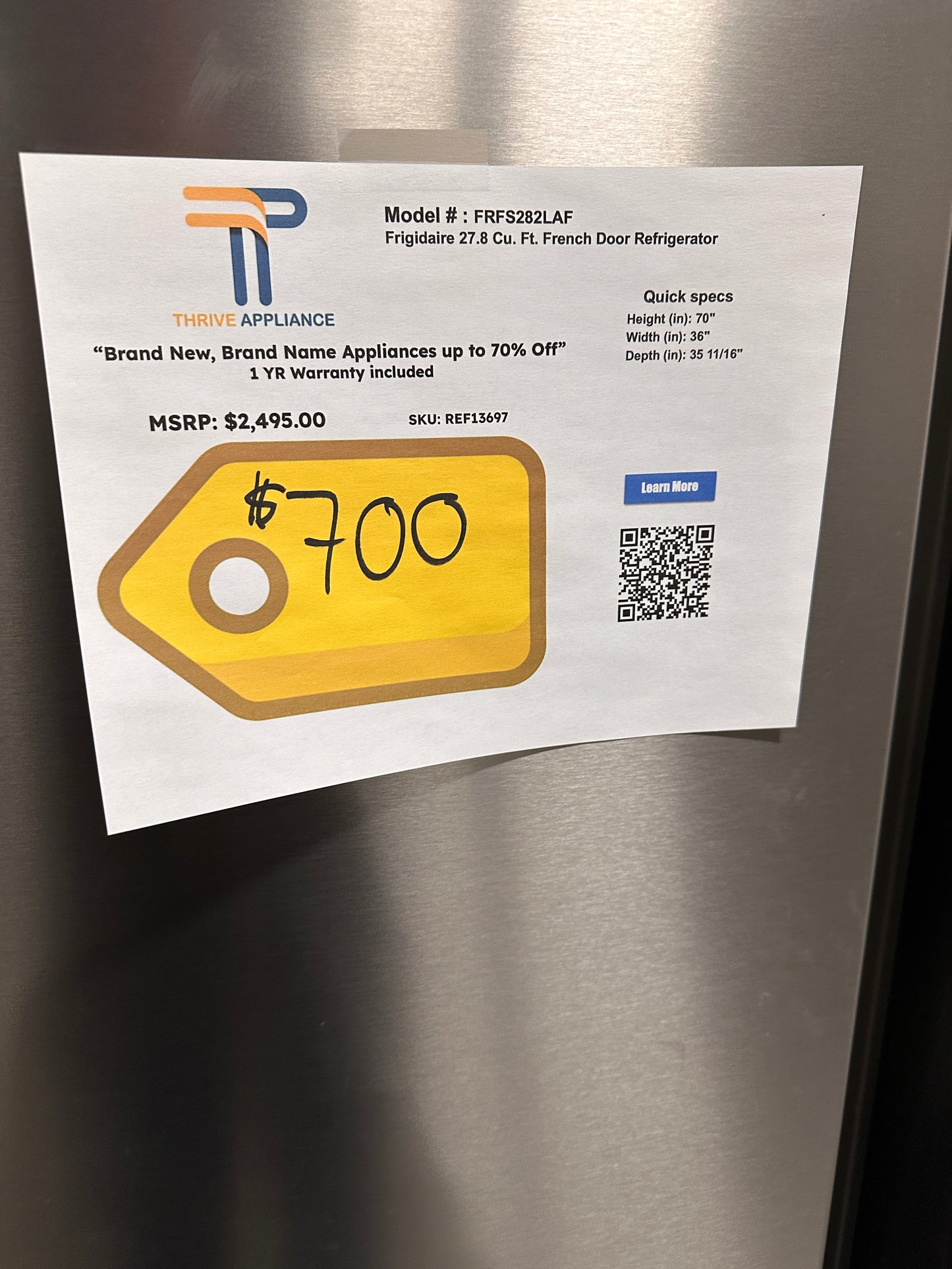 BRAND NEW! Frigidaire 27.8 cu. ft. French Door Refrigerator MODEL: FRFS282LAF REF13697