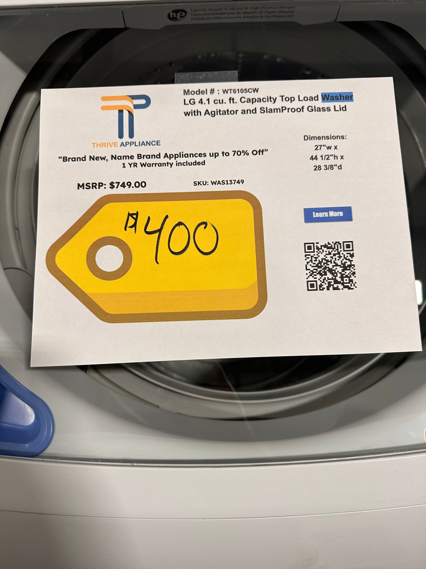 NEW! LG 4.1 Cu. Ft. Top Load Washer with 4-Way Agitator MODEL: WT6105CW WAS13749