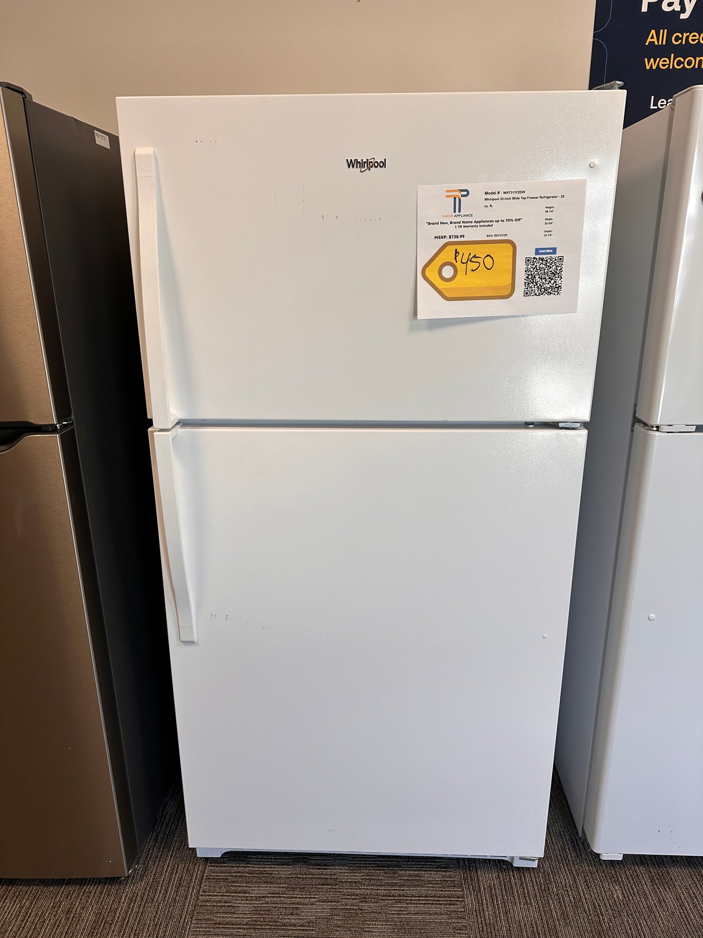 BRAND NEW! Whirlpool 33 in. 20.5 Cu. Ft Top Freezer Refrigerator MODEL: WRT311FZDW REF13729