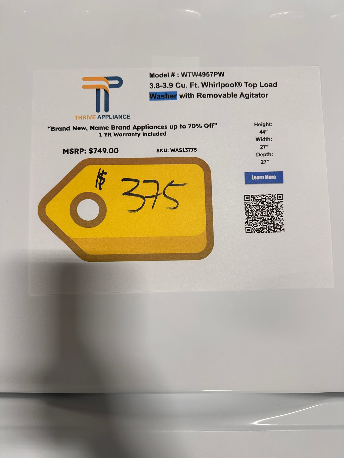 NEW TOP LOAD WASHER WITH REMOVABLE AGITATOR MODEL: WTW4957PW WAS13775