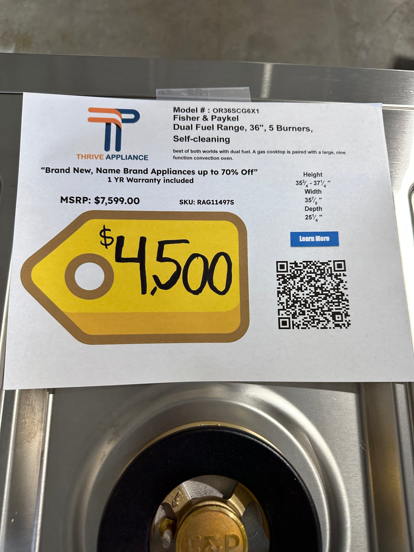 HIGH END Dual Fuel Convection Range - Stainless steel Model:OR36SCG6X1 RAG11497S