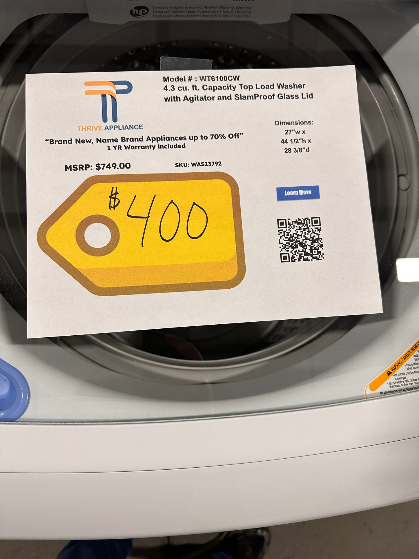 NEW SLAMPROOF GLASS LID TOP LOAD LG WASHER MODEL: WT6100CW WAS13792