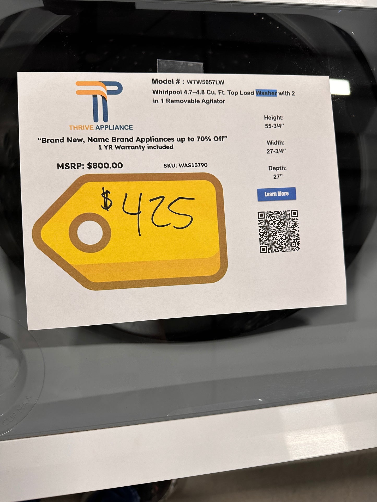 NEW WHIRLPOOL WASHER WITH REMOVABLE AGITATOR MODEL: WTW5057LW WAS13790