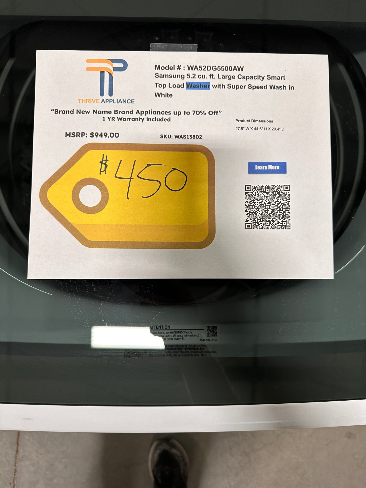 NEW! Samsung 5.2 cu. ft. Washer Smart Top Load with Super Speed Wash MODEL: WA52DG5500AW WAS13802