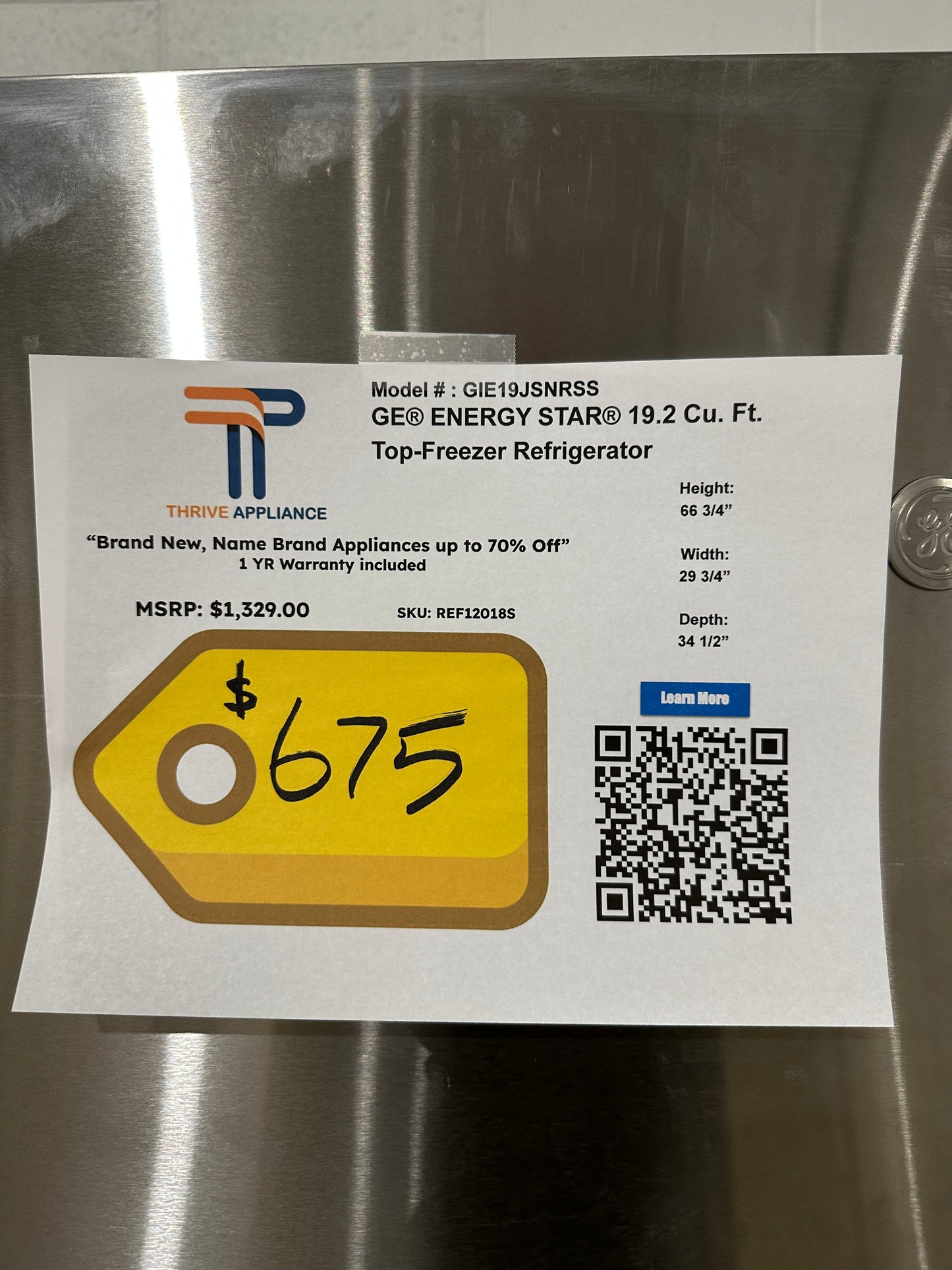 GE - 19.2 Cu. Ft. Top-Freezer Refrigerator - Stainless steel Model:GIE19JSNRSS REF12018s
