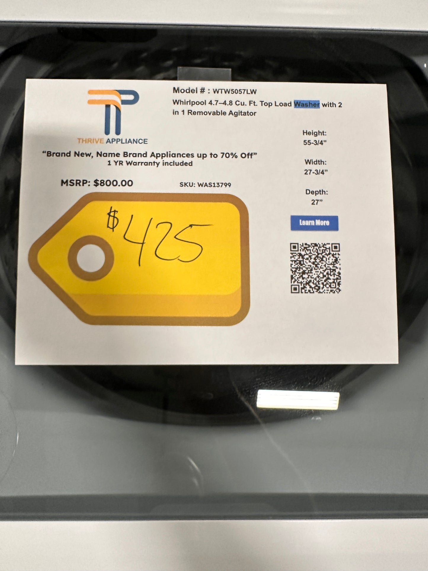 Whirlpool Top Load Washer with 2 in 1 Removable Agitator MODEL: WTW5057LW WAS13799