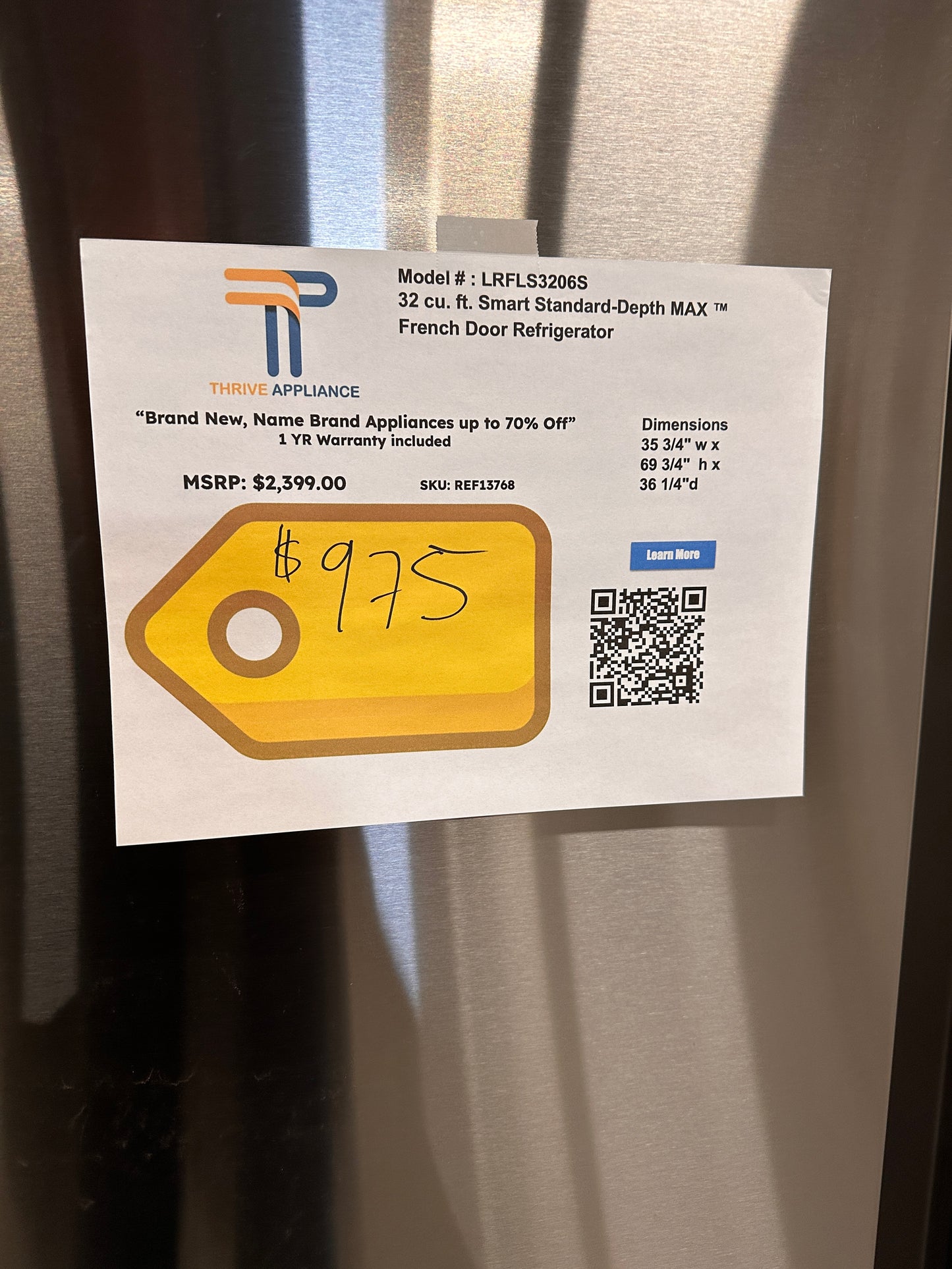 NEW! LG 32 Cu. Ft. Smart Standard-Depth MAX French Door Refrigerator MODEL: LRFLS3206S REF13768