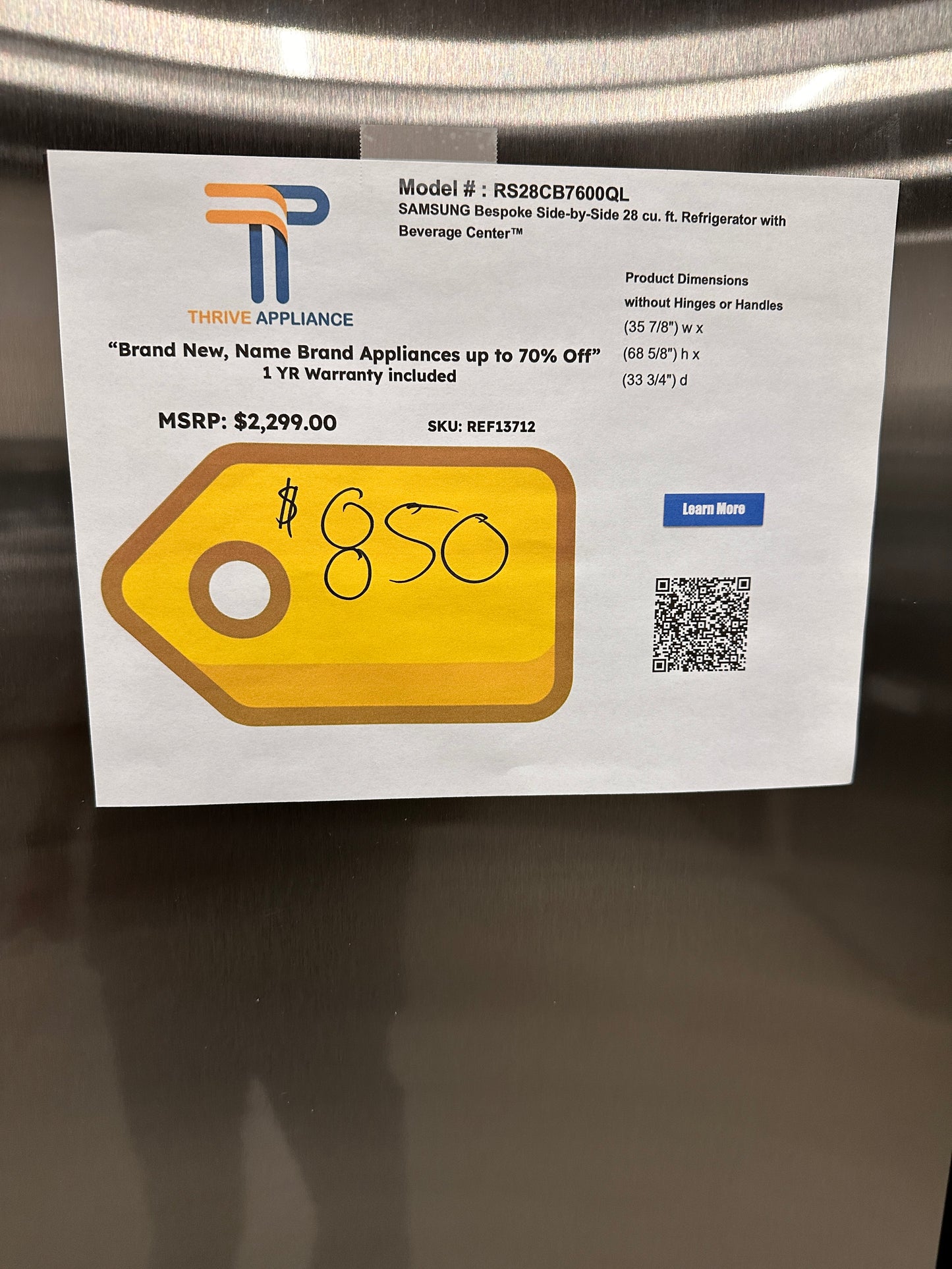 GREAT NEW SAMSUNG SMART SIDE-BY-SIDE REFRIGERATOR MODEL: RS28CB7600QL REF13712