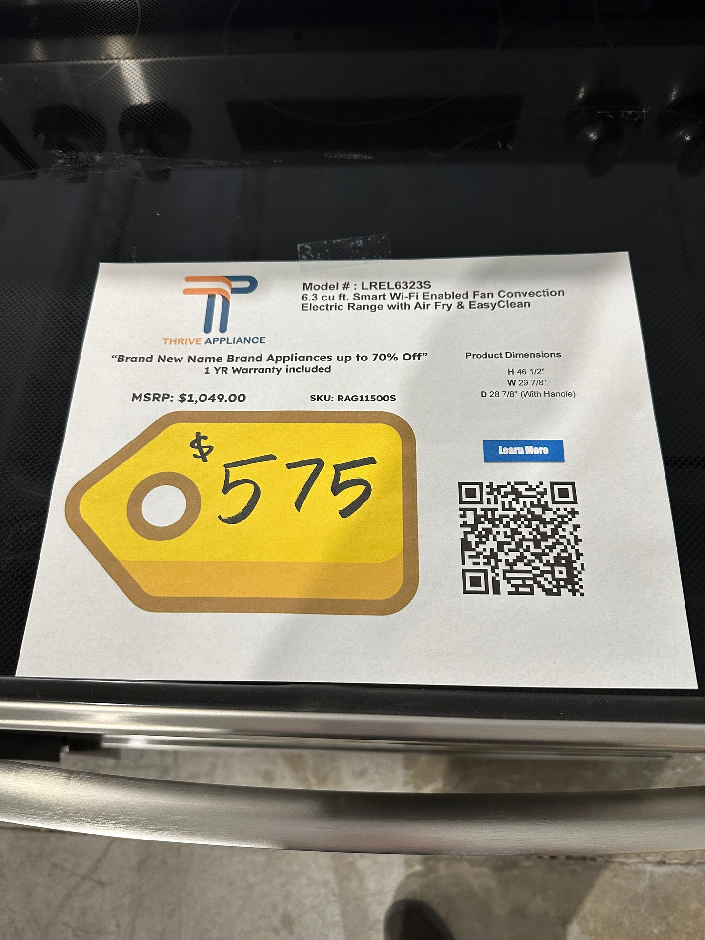GREAT NEW LG ELECTRIC CONVECTION RANGE Model:LREL6323S RAG11500S