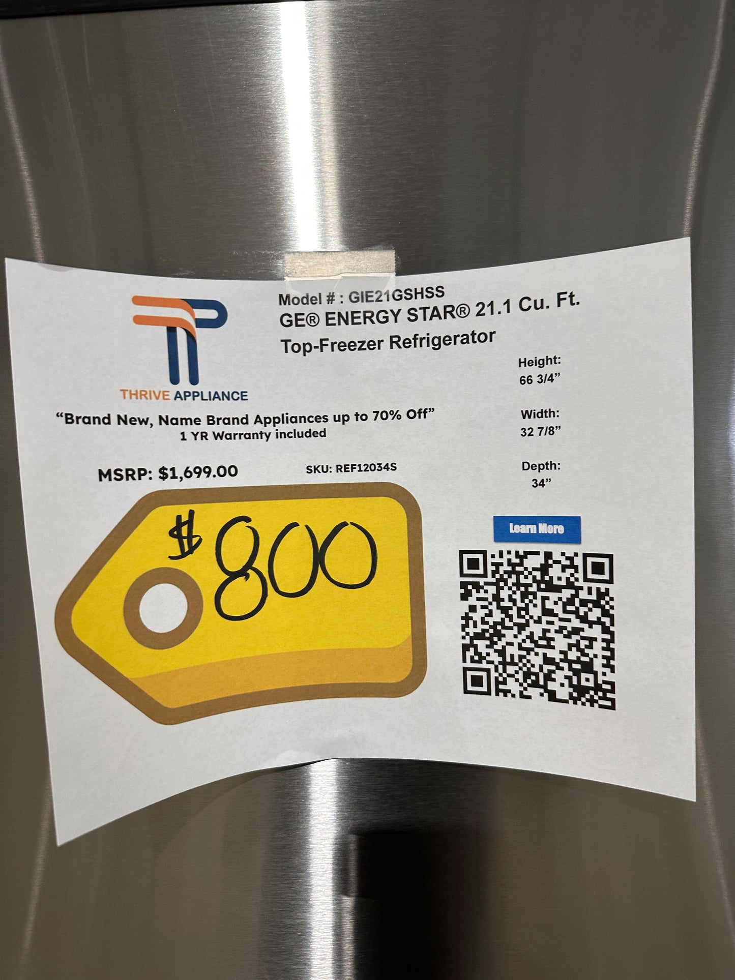 NEW GE TOP-FREEZER FRIDGE - REF12034S GIE21GSHSS