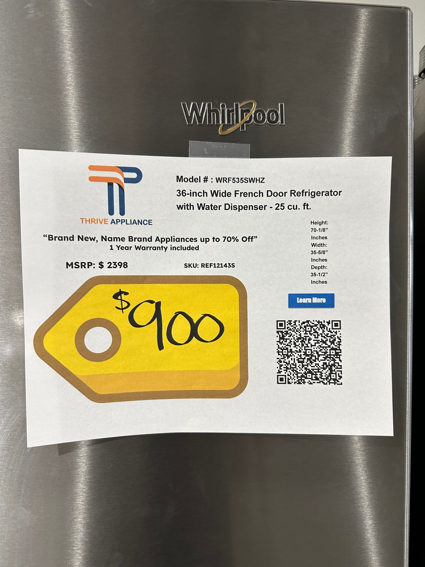 NEW WHIRLPOOL REFRIGERATOR with INTERNAL WATER DISPENSER Model:WRF535SWHZ REF12143S