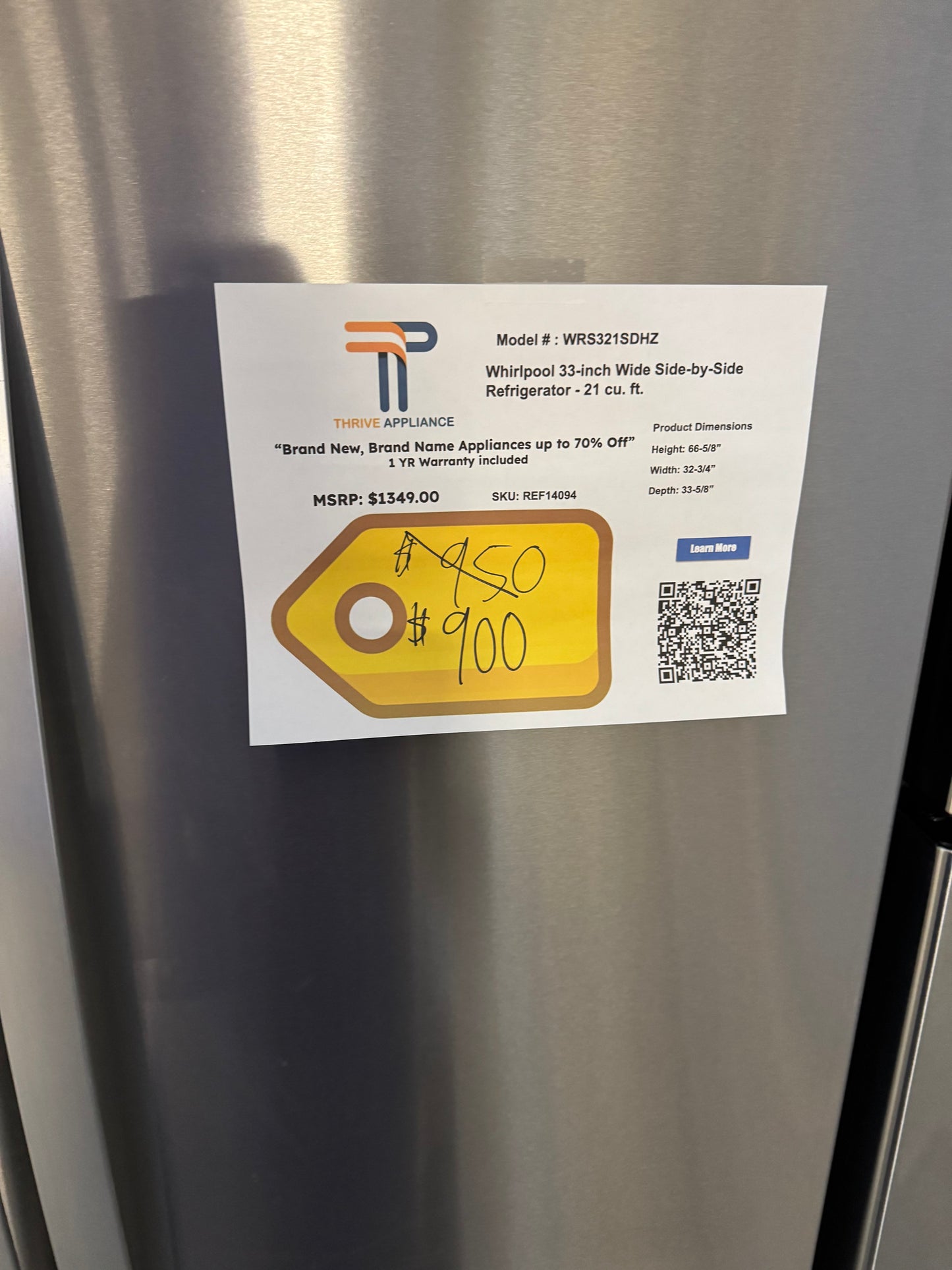 Whirlpool 33-inch Wide Side-by-Side Refrigerator - 21 cu. ft. MODEL: WRS321DHZ SKU: REF14094