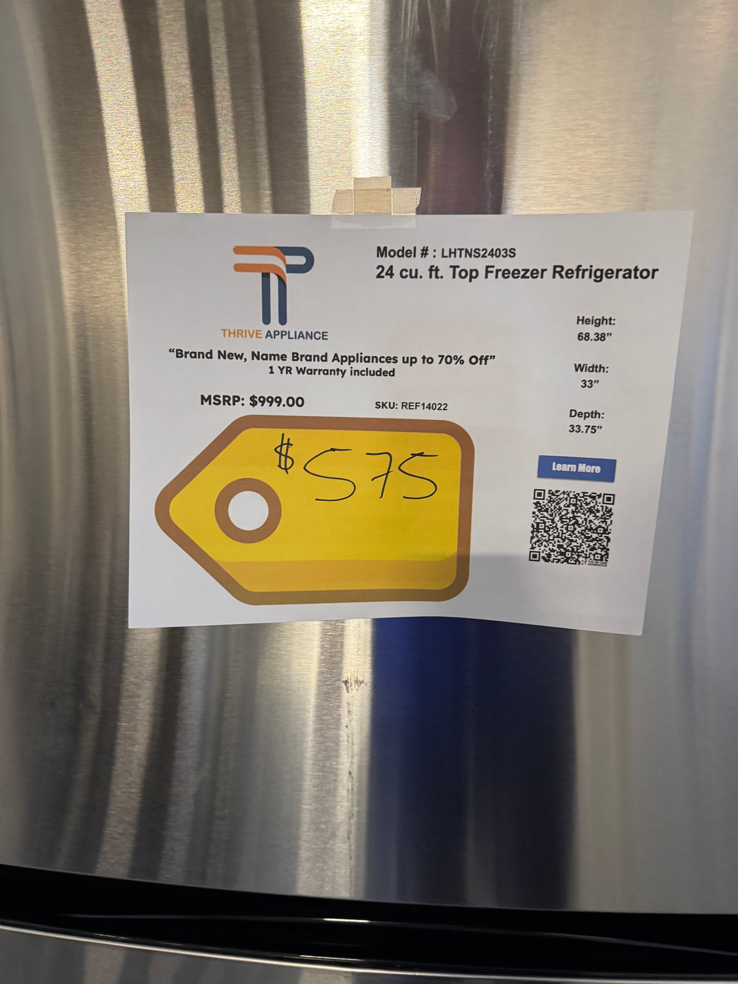 GREAT NEW LG TOP FREEZER REFRIGERATOR with INTERNAL WATER DISPENSER MODEL: LHTNS2403S REF14022