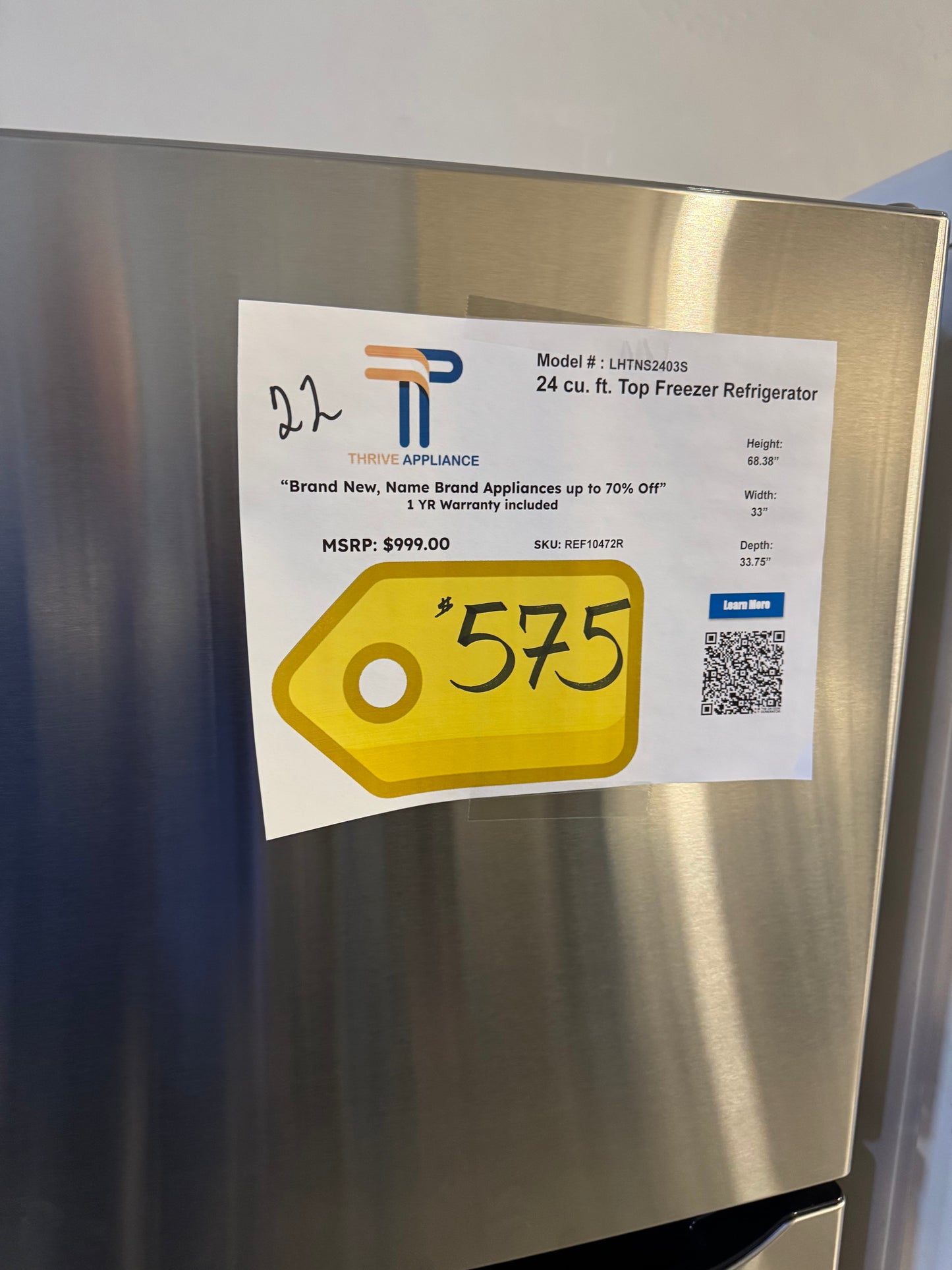 LG 24 cu. ft. Top Freezer Refrigerator MODEL: LHTNS2403S SKU: REF10472R