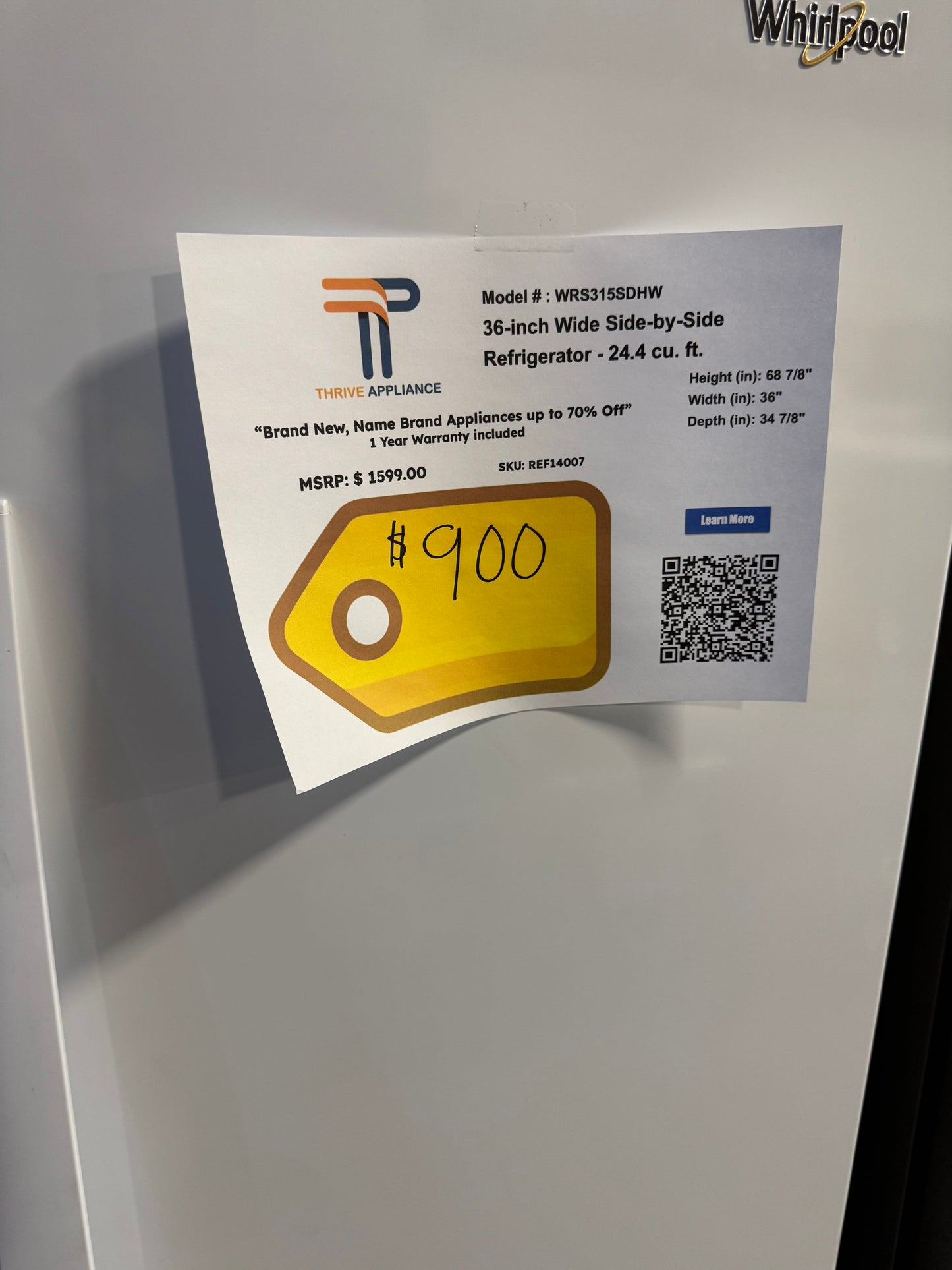 Whirlpool 36-inch Wide Side-by-Side Refrigerator - 24.4 cu. ft. MODEL: WRS315SDHW SKU: REF14007