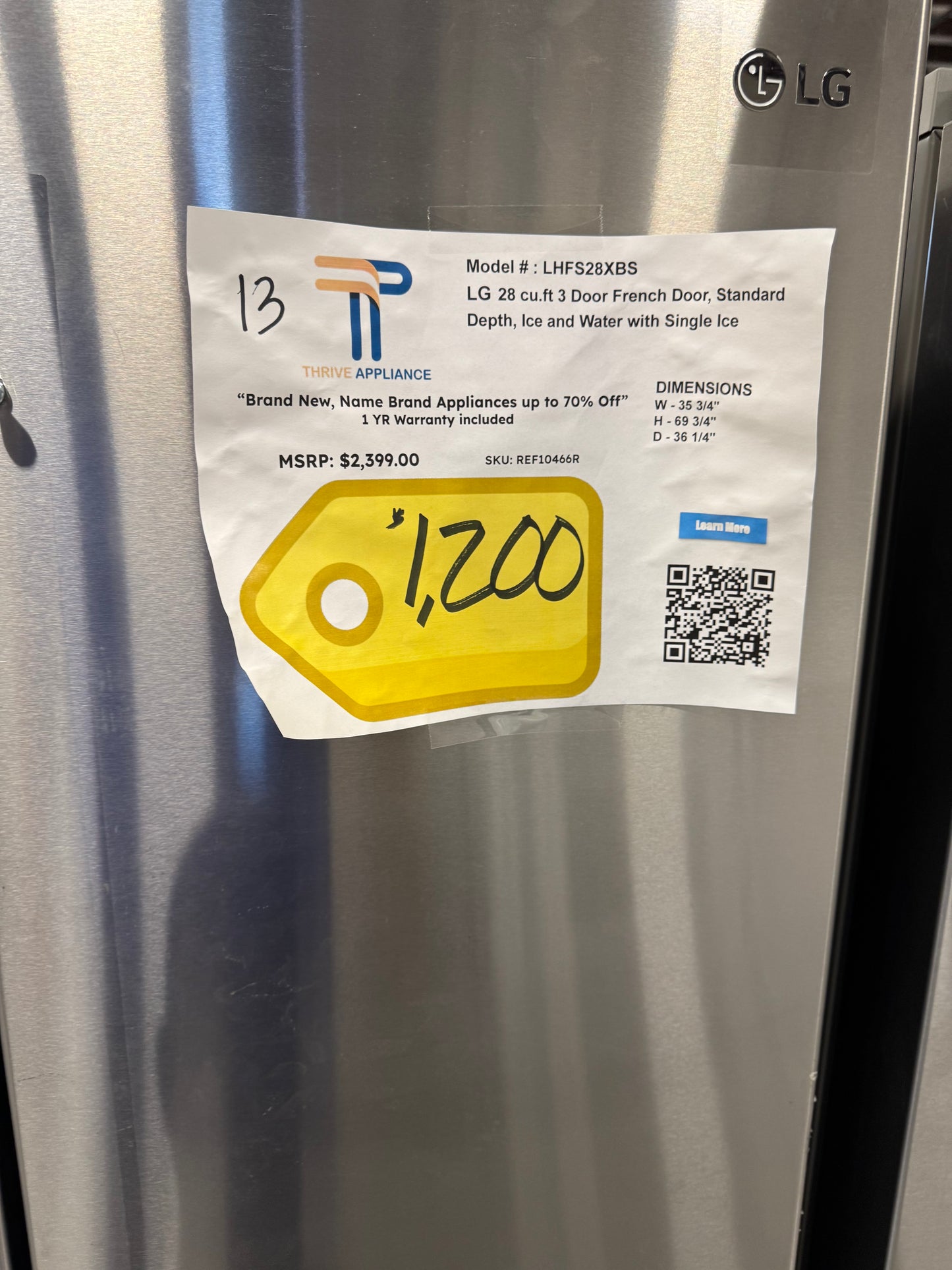 LG 28 cu. ft. 3 Door French Door, Standard Depth, Ice and Water with Single Ice MODEL: LHFS28XBS SKU: REF10466R