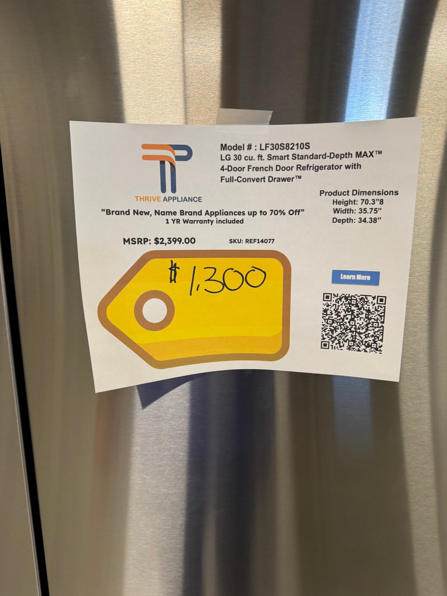 BRAND NEW LG SMART STANDARD DEPTH MAX REFRIGERATOR MODEL: LF30S8210S REF14077