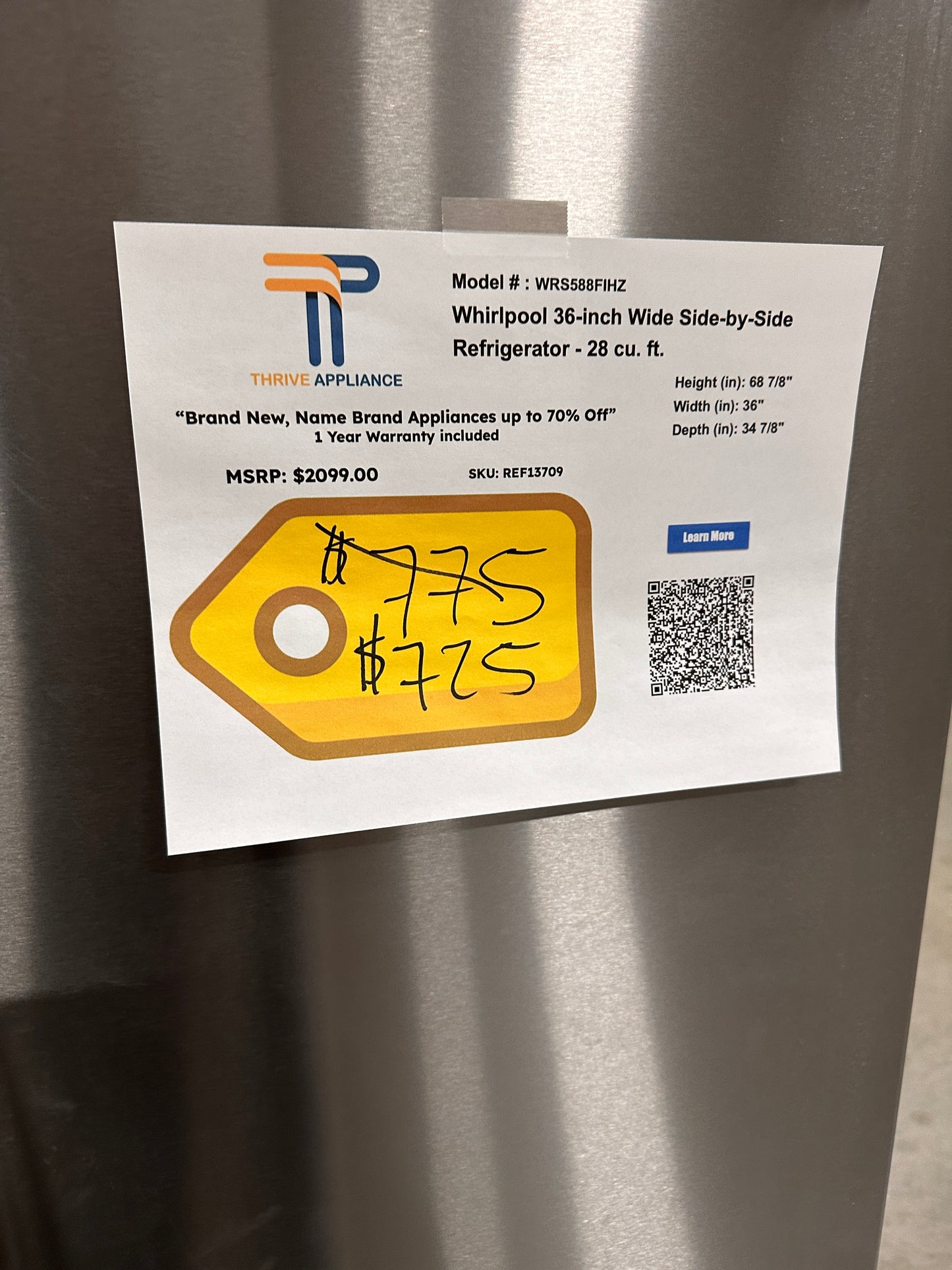 GREAT NEW WHIRLPOOL SIDE-BY-SIDE REFRIGERATOR MODEL: WRS588FIHZ REF13709