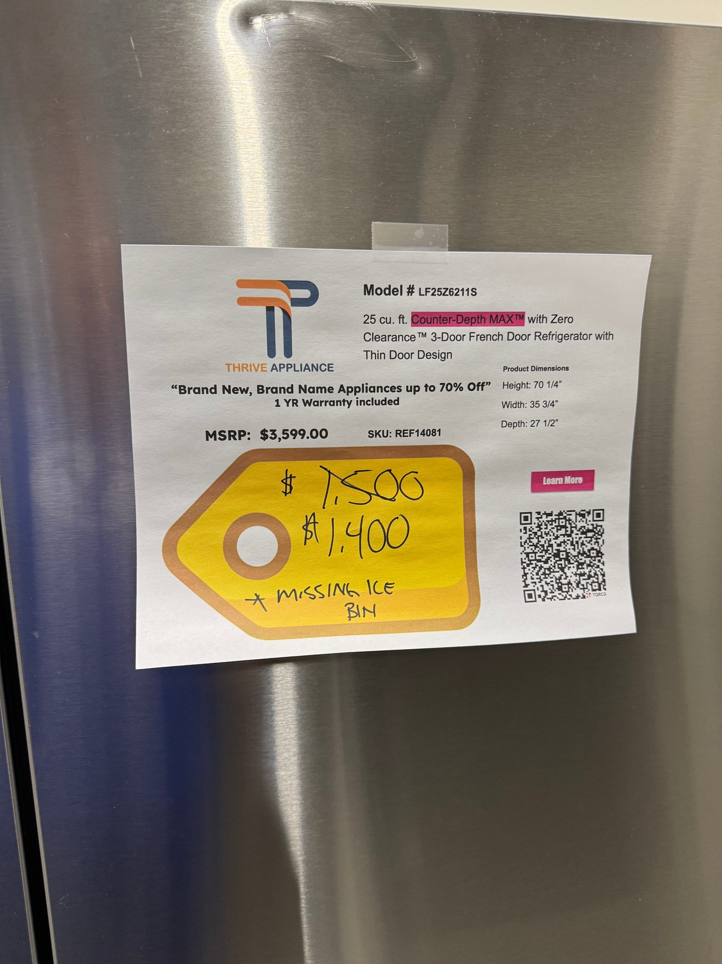 LG 25 cu. ft. Counter-Depth MAX with Zero Clearance 3-Door French Door Refrigerator with Thin Door Design MODEL: LF25Z6211S SKU: REF14081