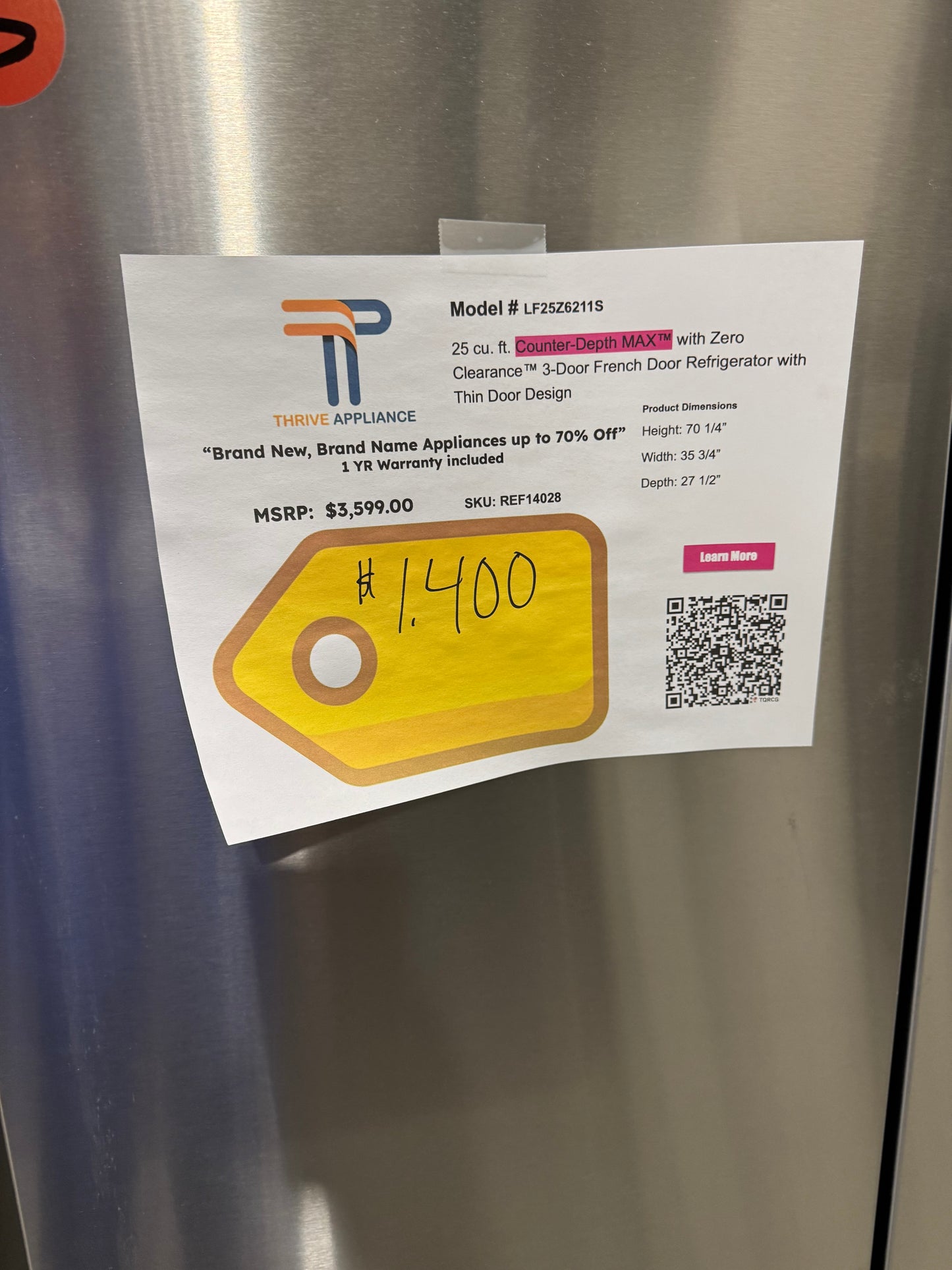 LG 25 cu. ft. Counter-Depth MAX with Zero Clearance 3-Door French Door Refrigerator with Thin Door Design MODEL: LF25Z6211S SKU: REF14028