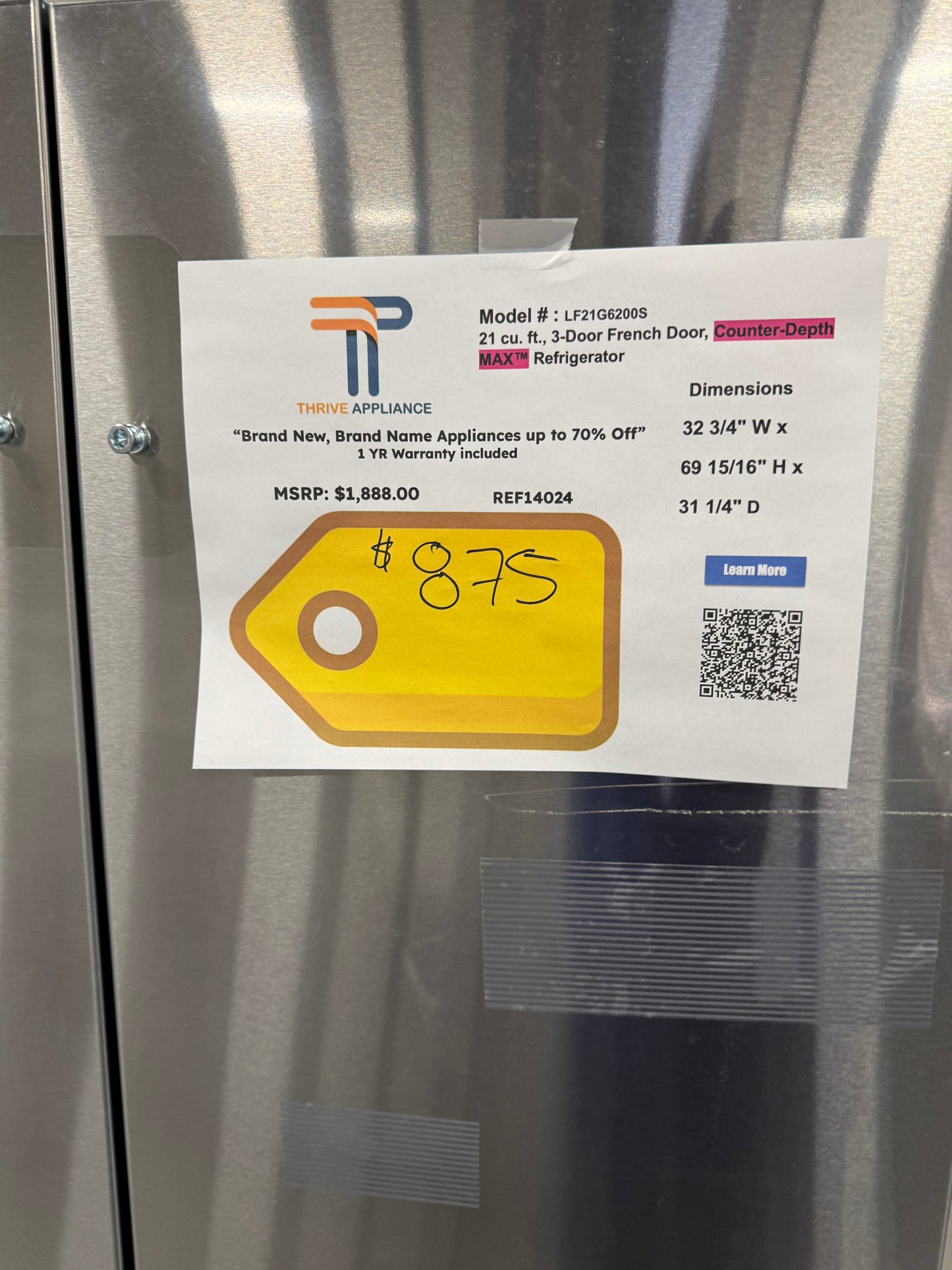 LG 21 cu. ft. 3-Door French Door Counter-Depth MAX Refrigerator MODEL: LF21G6200S SKU: REF14024