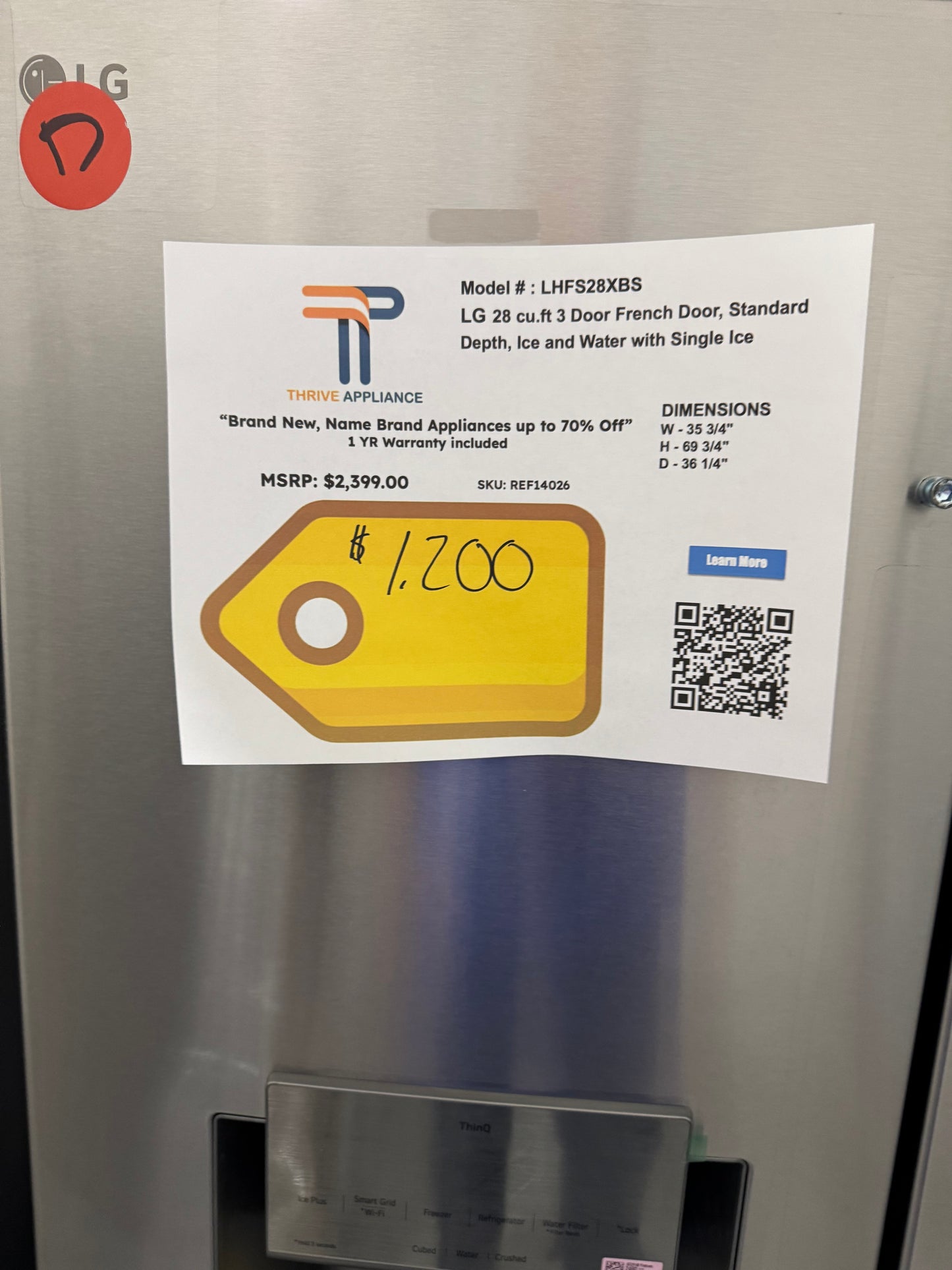 LG 28 cu. ft. 3 Door French Door Standard Depth, Ice and Water with Single Ice MODEL: LHFS28XBS SKU: REF14026