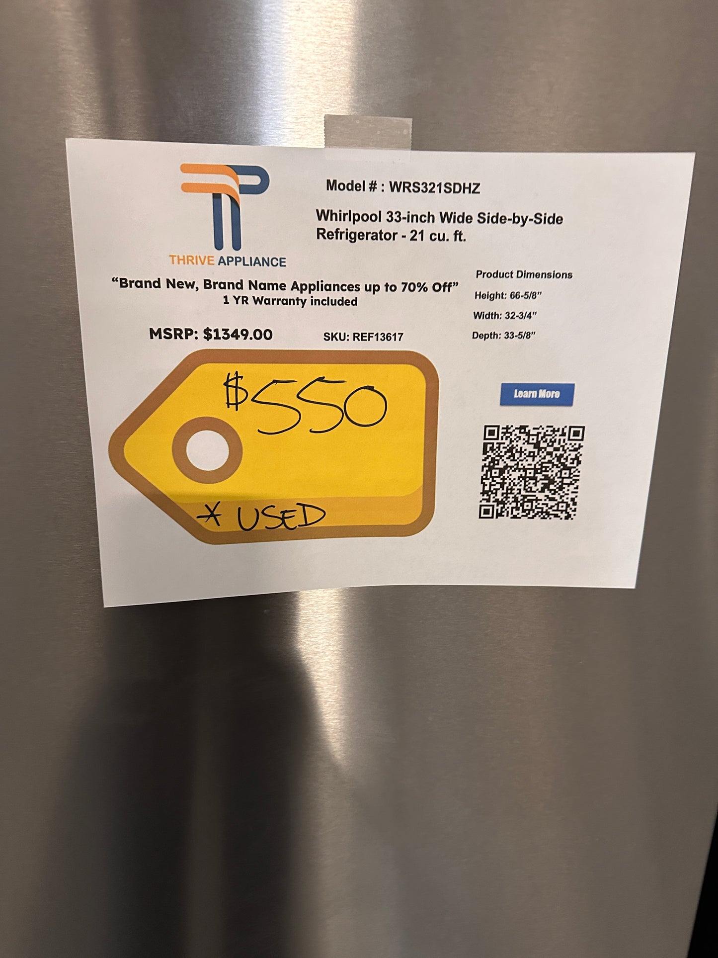 GENTLY USED WHIRLPOOL 33 IN REFRIGERATOR MODEL: WRS321SDHZ REF13617