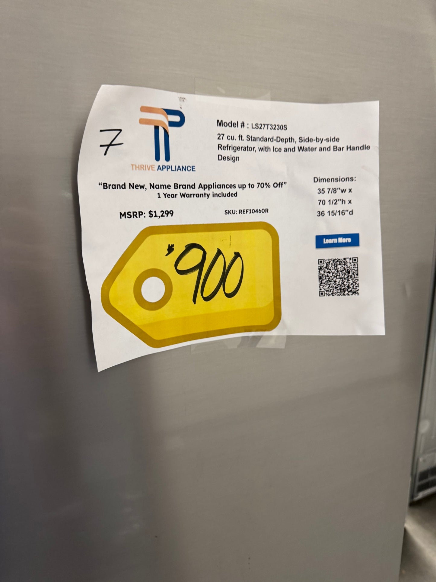 LG 27 cu. ft. Standard-Depth, Side-by-Side Refrigerator, with Ice and Water and Bar Handle Design MODEL: LS27T3230S SKU: REF10460R