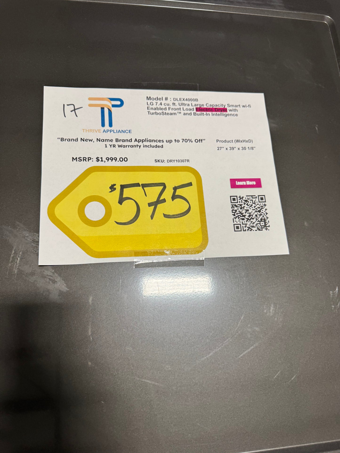 LG 7.4 cu. ft. Ultra Capcity Smart wi-fi Enabled Front Load Electric Dryer with TurboSteam and Built-In Intelligence MODEL: DLEX4000B SKU: DRY10307R