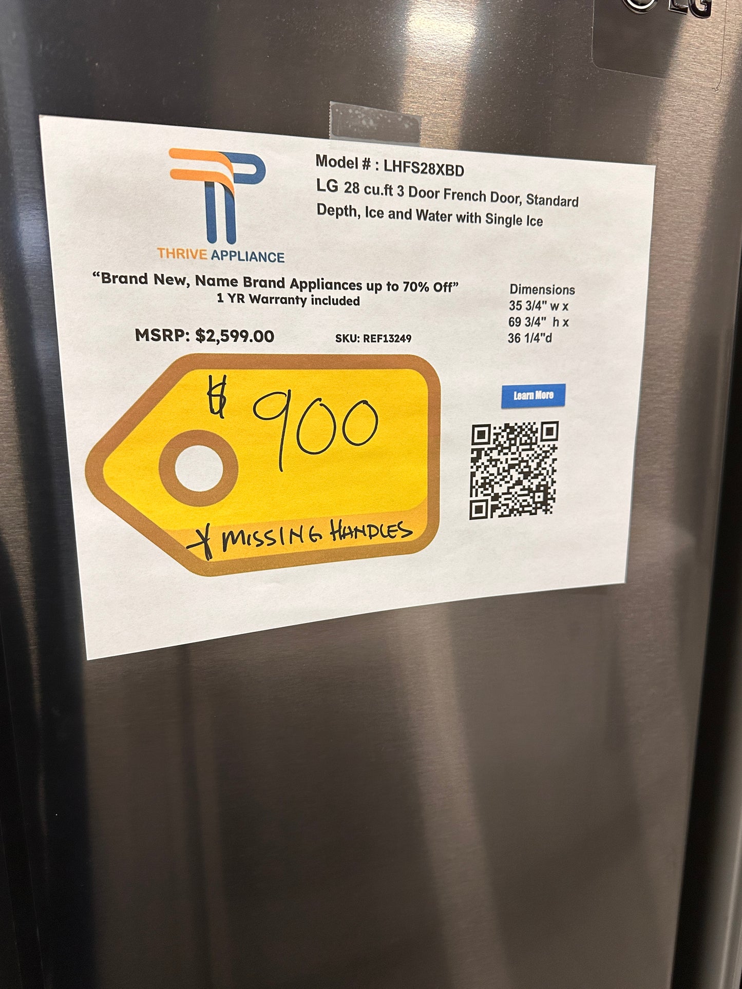 DISCOUNTED GORGEOUS LG SMART FRENCH DOOR REFRIGERATOR MODEL: LHFS28XBD REF13249