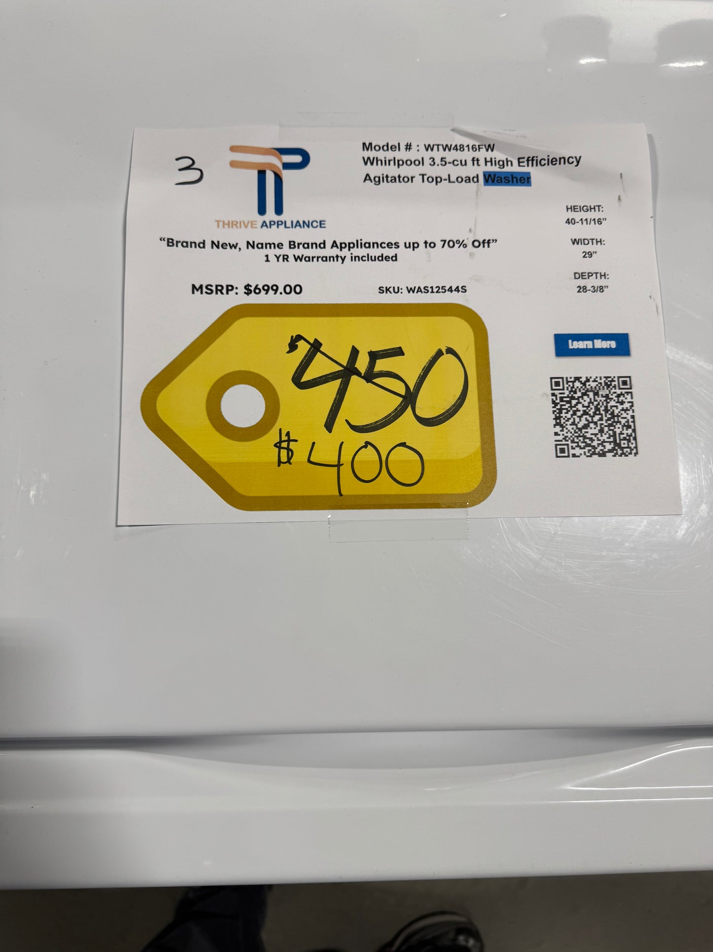 Whirlpool 3.5-cu ft High Efficiency Agitator Top-Load Washer MODEL: WTW4816FW SKU: WAS12544S