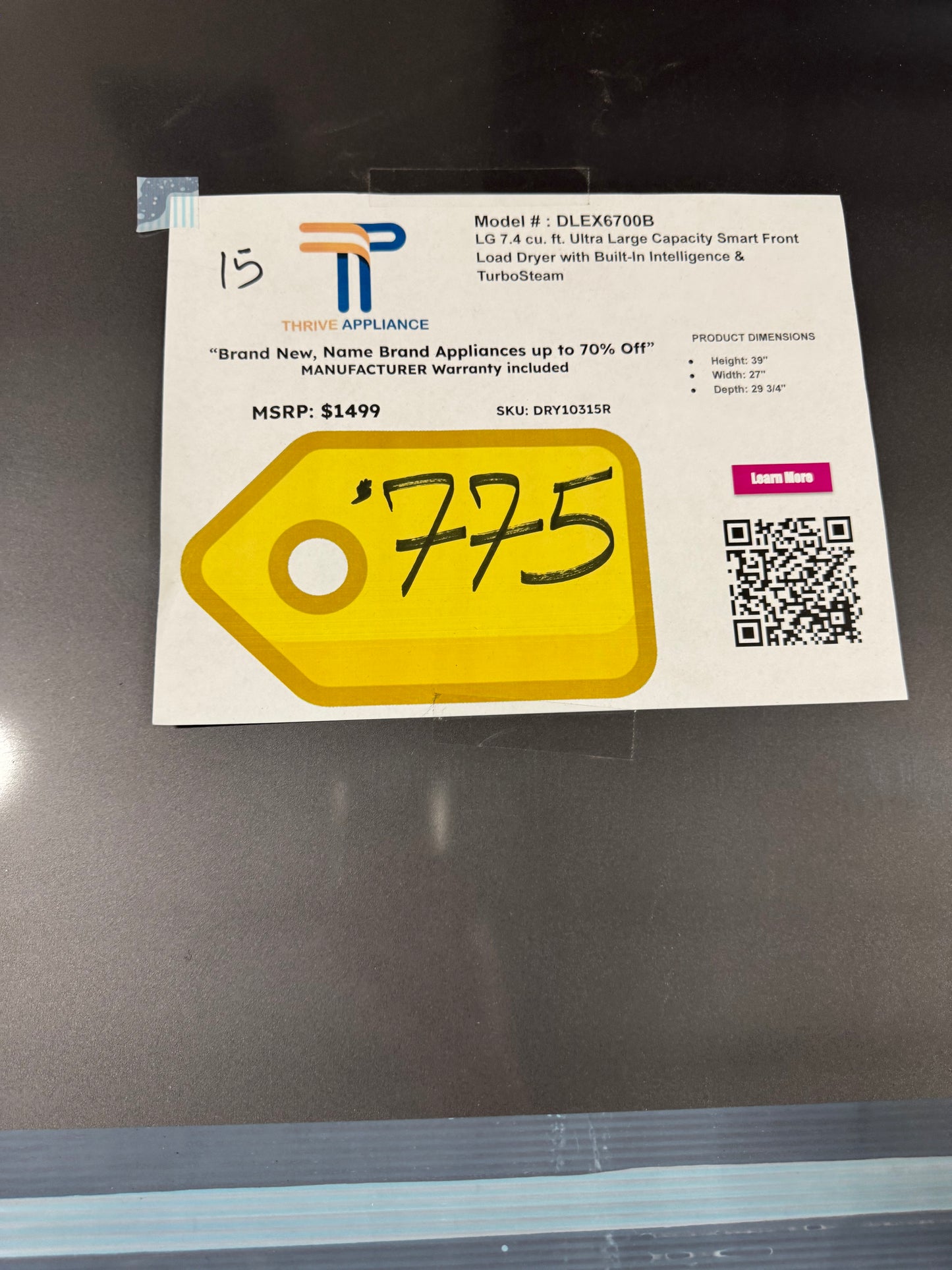 LG 7.4 cu. ft. Ultra Large Capacity Smart Front Load Dryer with Built-In Intelligence & TurboSteam MODEL: DLEX6700B SKU: DRY10315R
