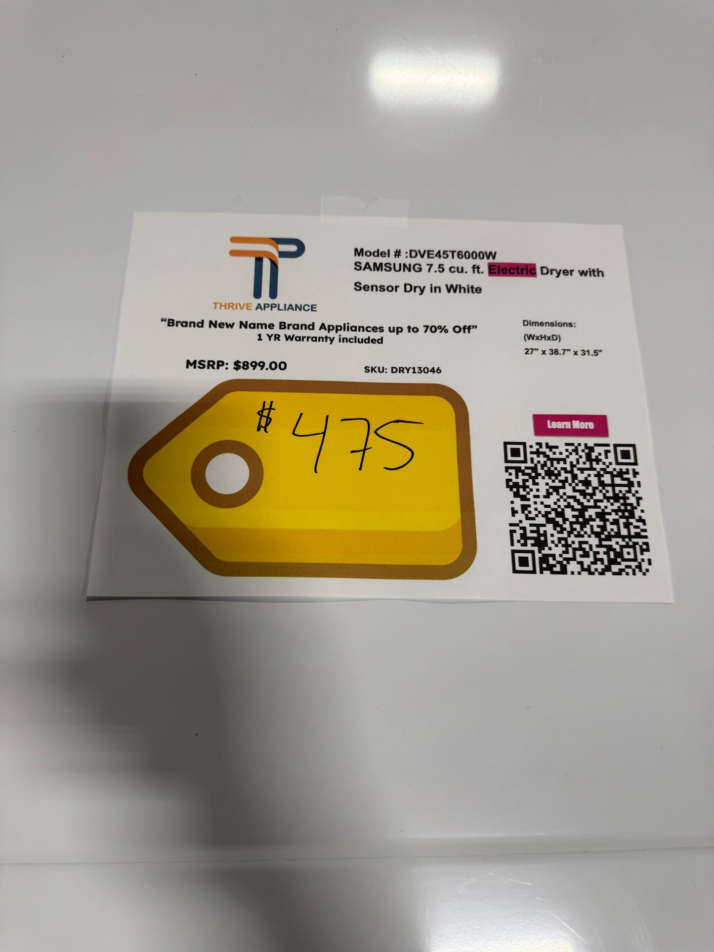 Samsung 7.5 cu. ft. Electric Dryer with Sensor Dry in White MODEL: DVE45T6000W SKU: DRY13046