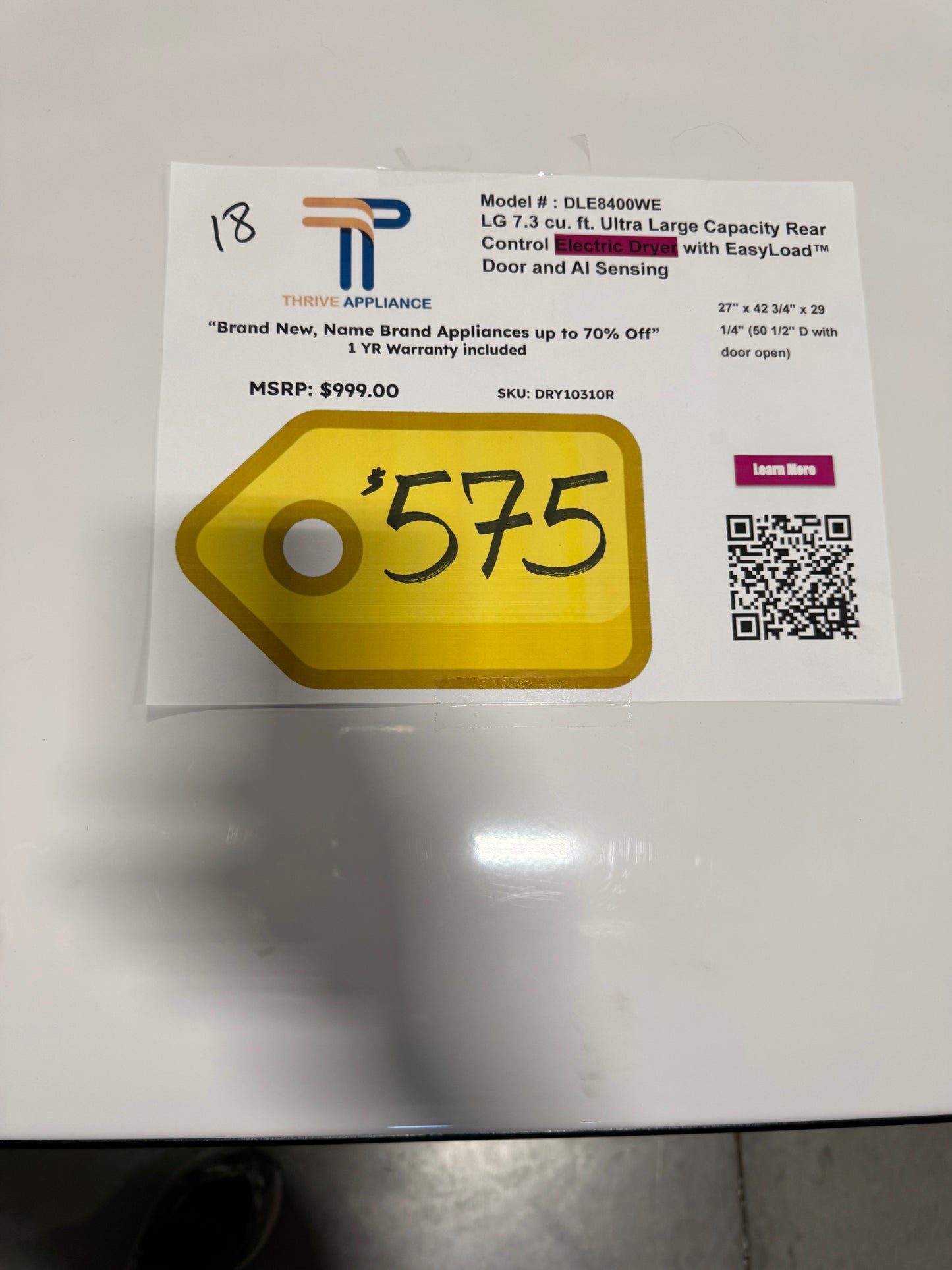 LG 7.3 cu. ft. Ultra Large Capacity Rear Control Electric Dryer with EasyLoad Door and AI Sensing MODEL: DLE8400WE SKU: DRY10310R