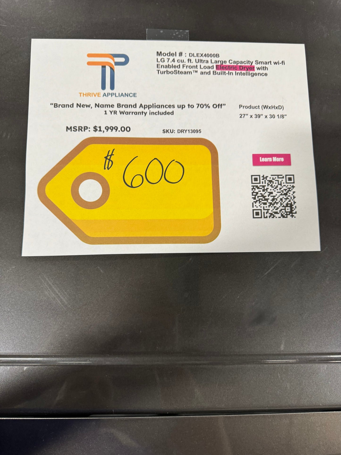 LG 7.4 cu. ft. Ultra Large Capacity Smart Wi-Fi Enabled Front Load Electric Dryer with TurboSteam™ and Built-In Intelligence MODEL: DLEX4000B SKU: DRY10395