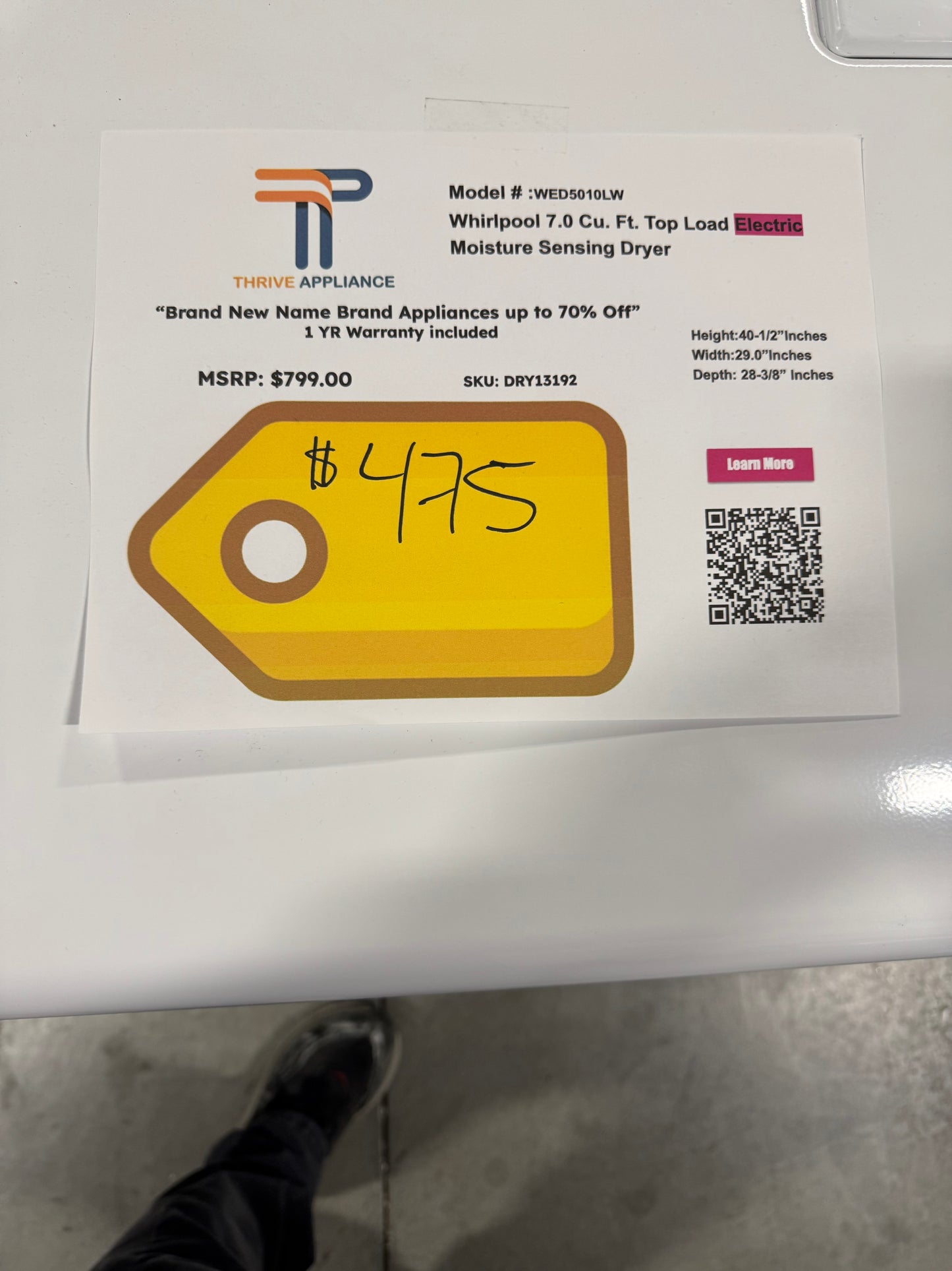 Whirlpool 7.0 Cu. Ft. Top Load Electric Moisture Sensing Dryer MODEL: WED5010LW SKU: DRY13192