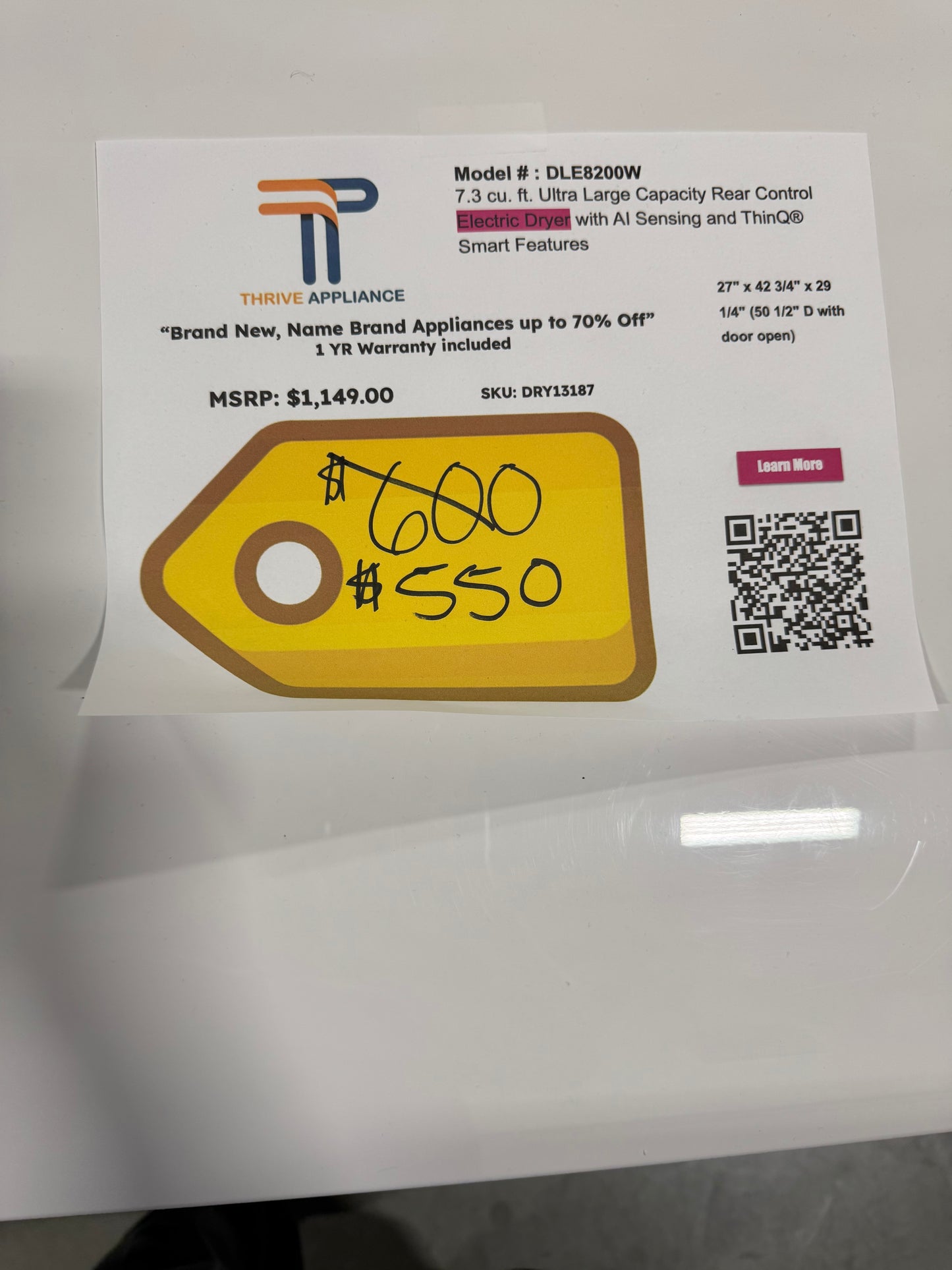 LG 7.3 cu. ft. Ultra Large Capacity Rear Control Electric Dryer with AI Sensing and ThinQ® Smart Features MODEL: DLE8200W SKU: DRY13187